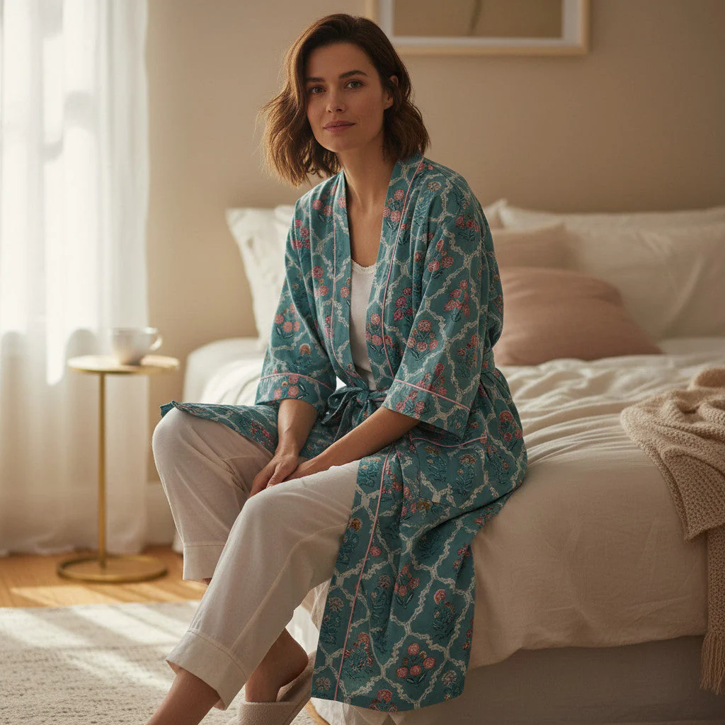 Teal Ditsy Floral Print 100% Cotton Block Print Dressing Gown