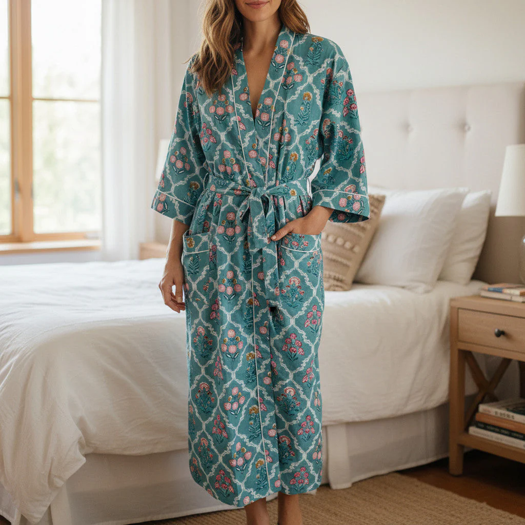 Teal Ditsy Floral Print 100% Cotton Block Print Dressing Gown - Image 2