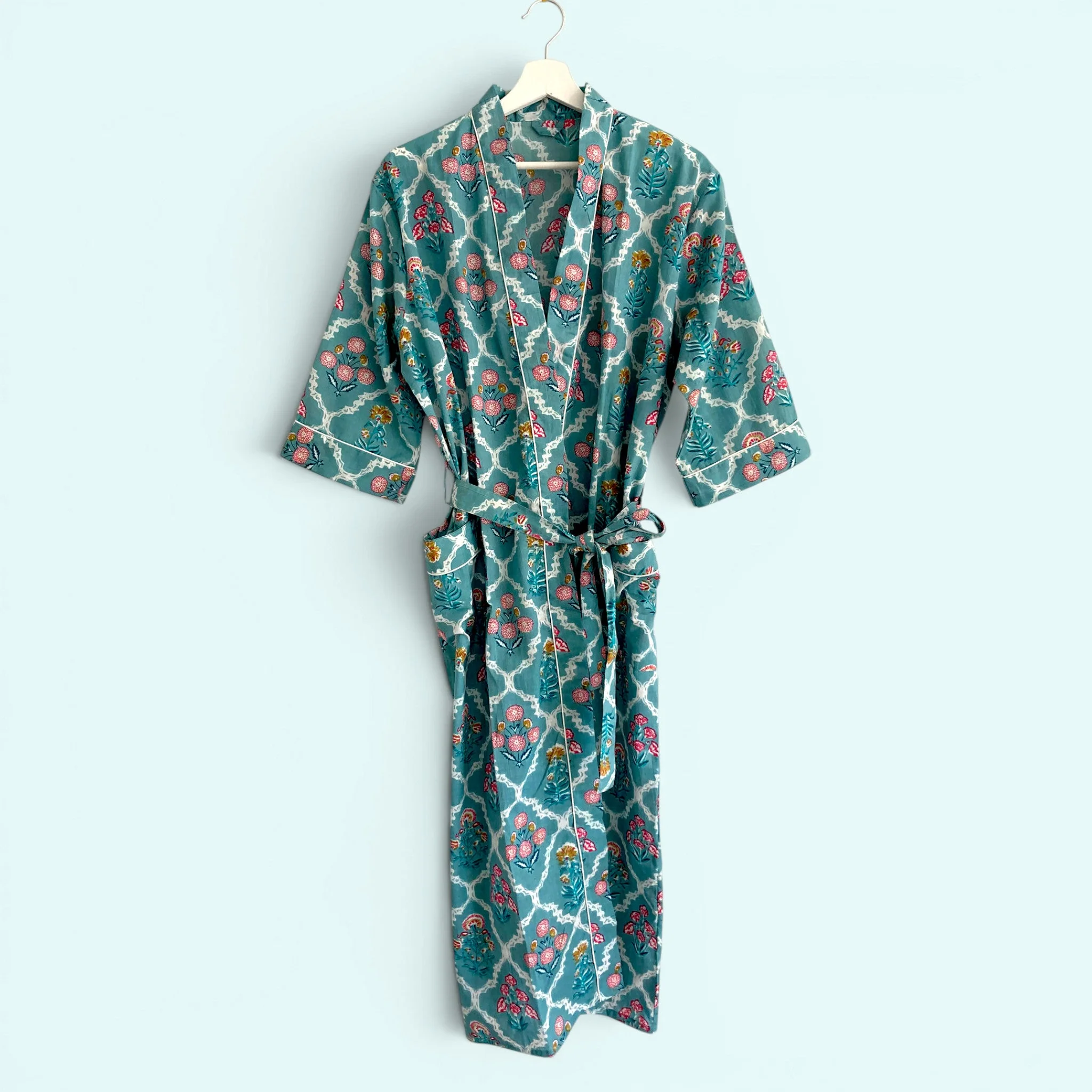 Teal Ditsy Floral Print 100% Cotton Block Print Dressing Gown - Image 3