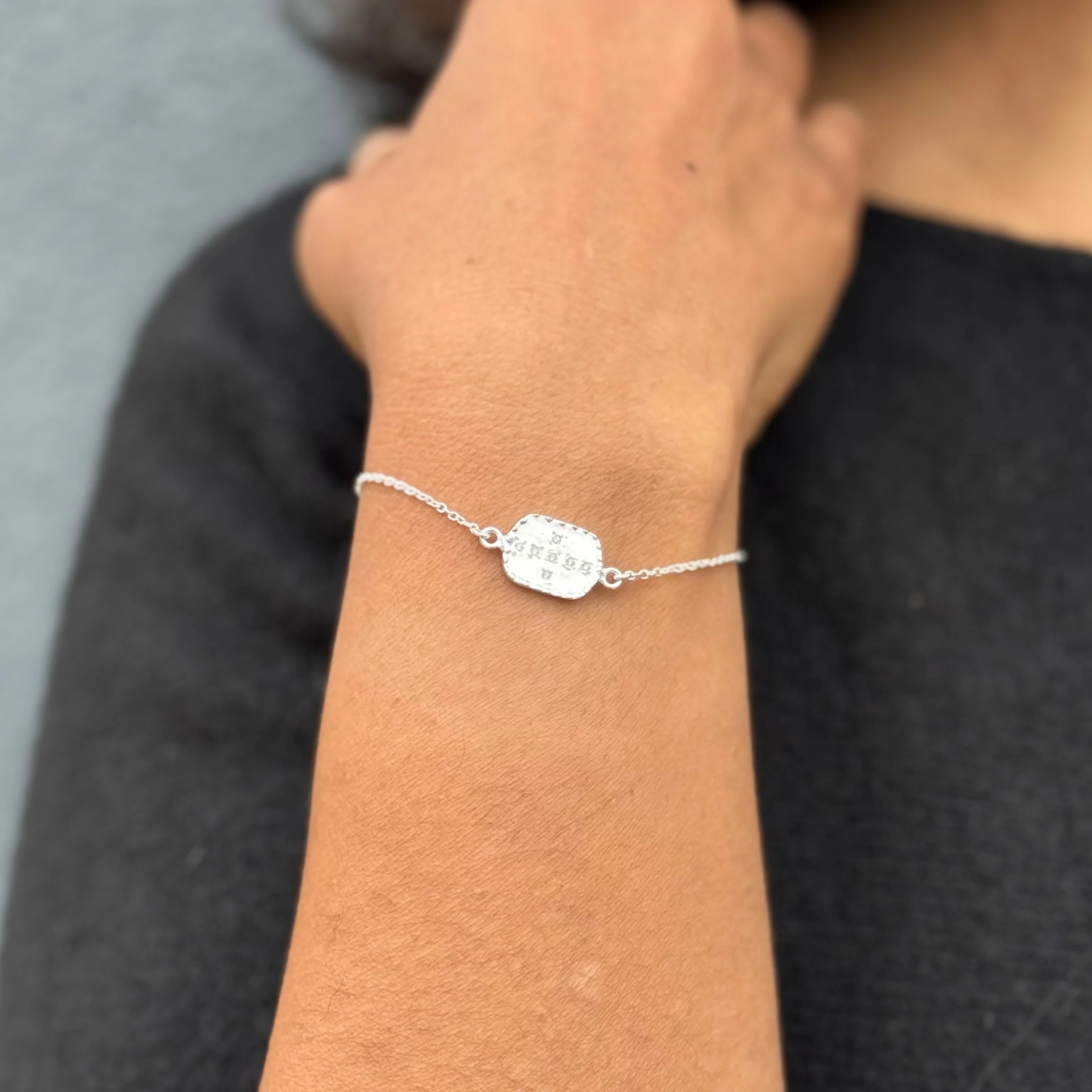 Textured Sterling Silver Rectangular Disc Bracelet with Cubic Zirconia - Image 3