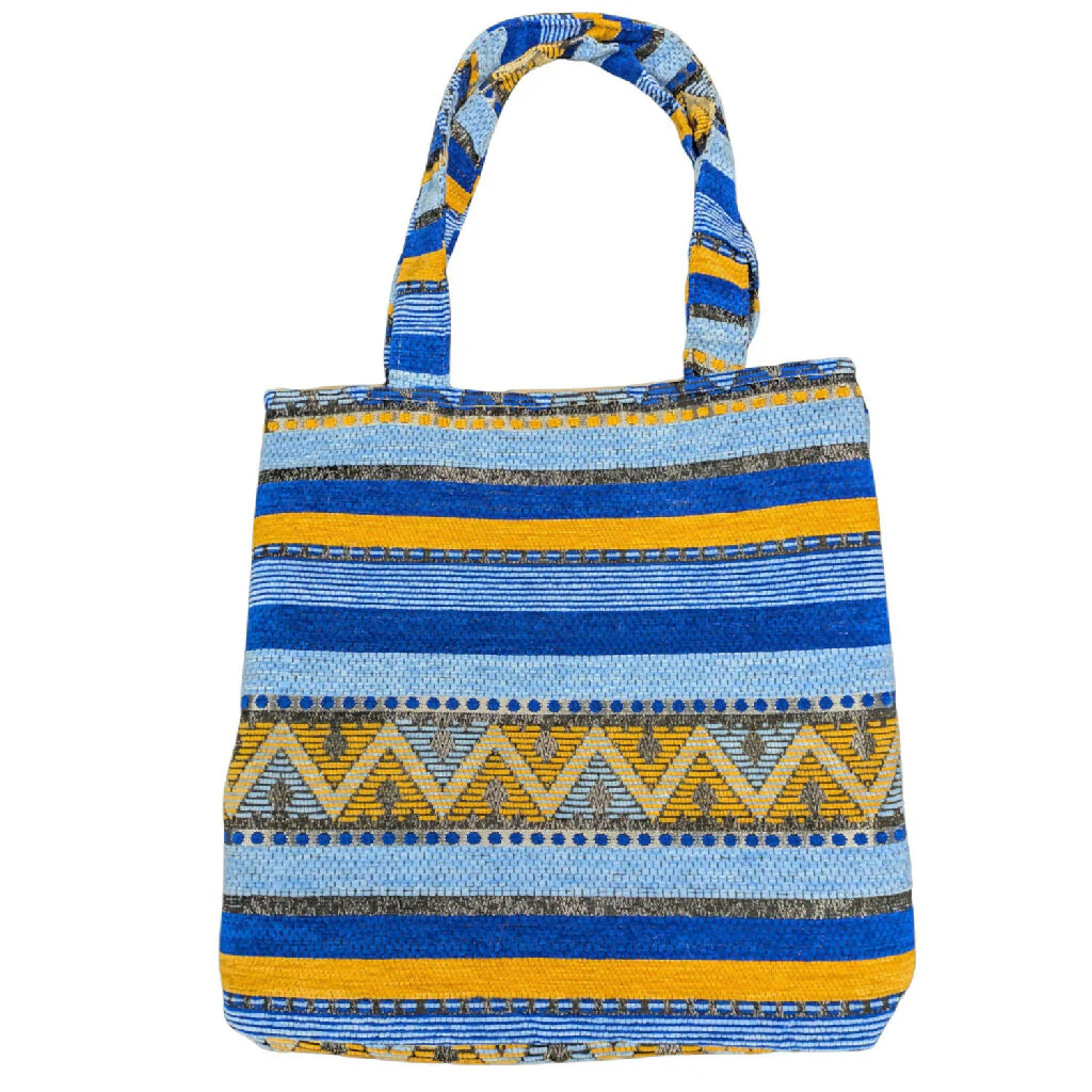 The Nador Large Expandable Fabric Tote in Blue and Yellow - Image 2