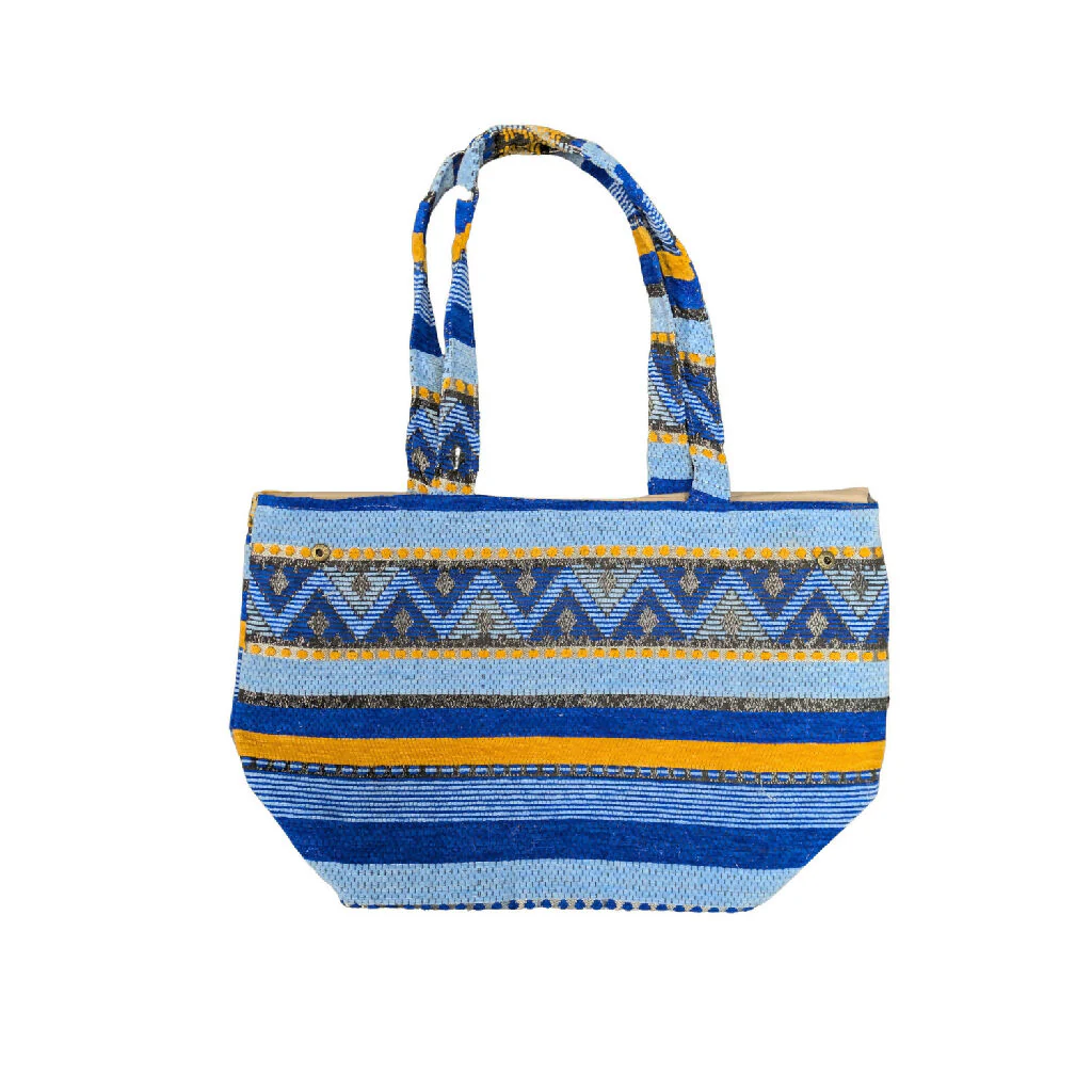 The Nador Small Expandable Fabric Tote in Blue and Yellow - Image 2