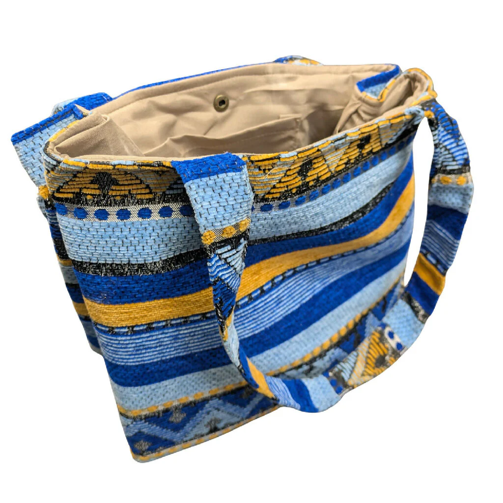 The Nador Small Expandable Fabric Tote in Blue and Yellow - Image 4