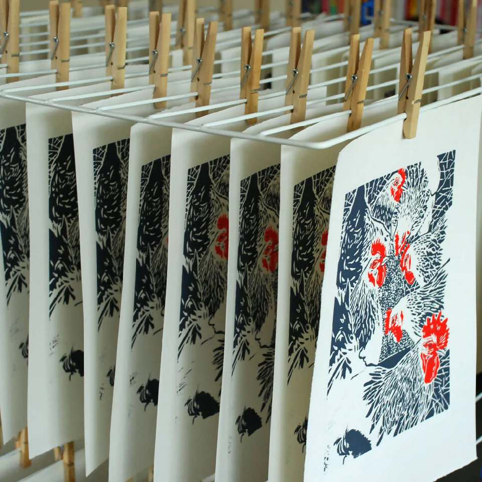 The old man and his girls - Open Ended Edition - Original Linocut Print - Image 3