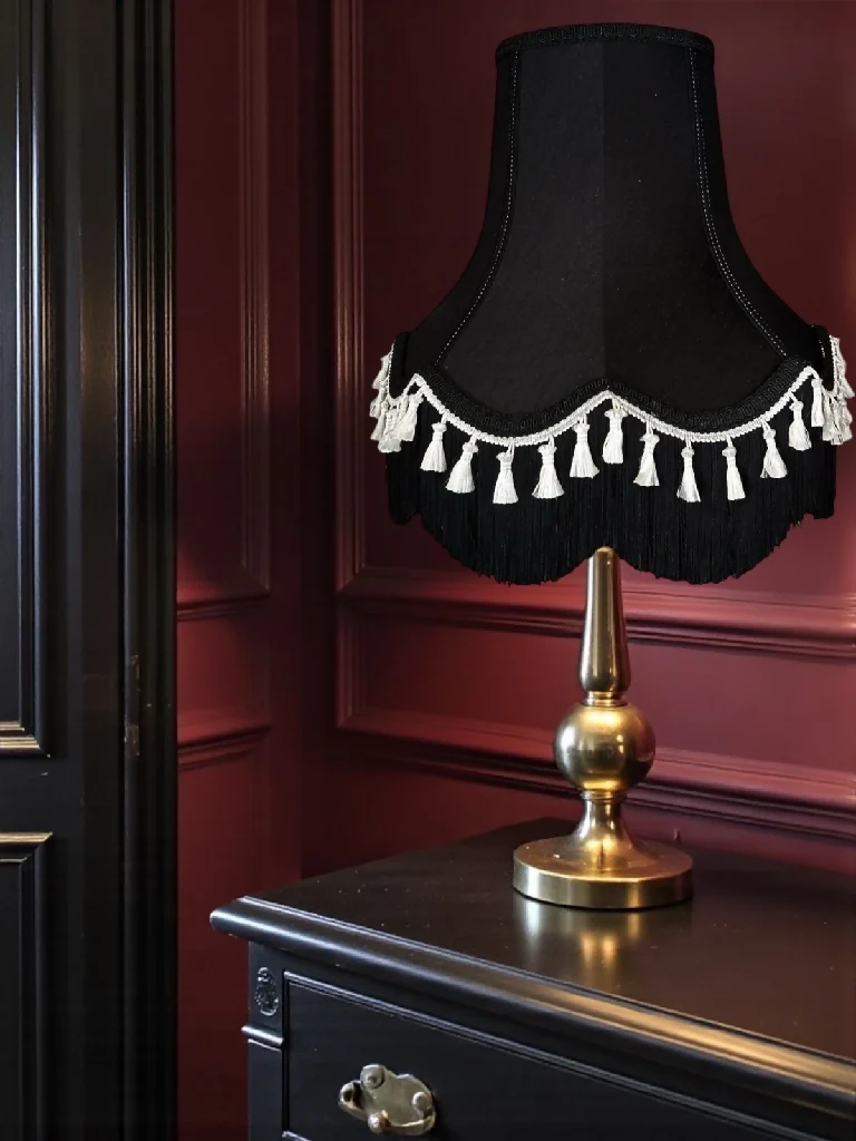 Traditional black fabric lampshades with white tassels - Available in 8 sizes - Image 3