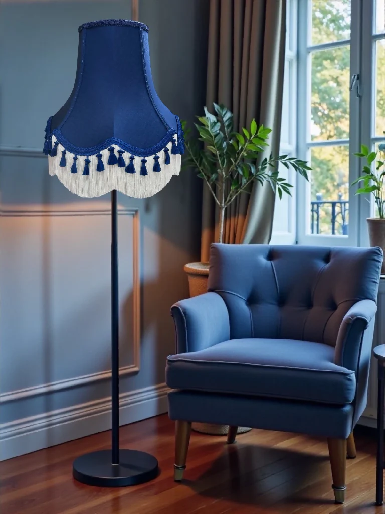 Traditional navy blue fabric lampshades with navy blue tassels - Available in 8 sizes - Image 2