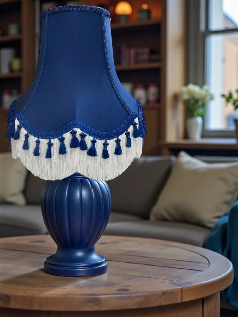 Traditional navy blue fabric lampshades with navy blue tassels - Available in 8 sizes - Image 3