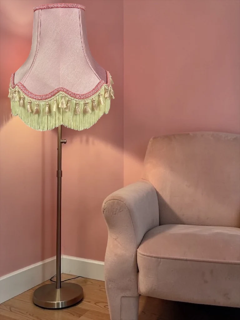 Traditional rose pink fabric lampshades with light pink tassels - Available in 8 sizes - Image 2