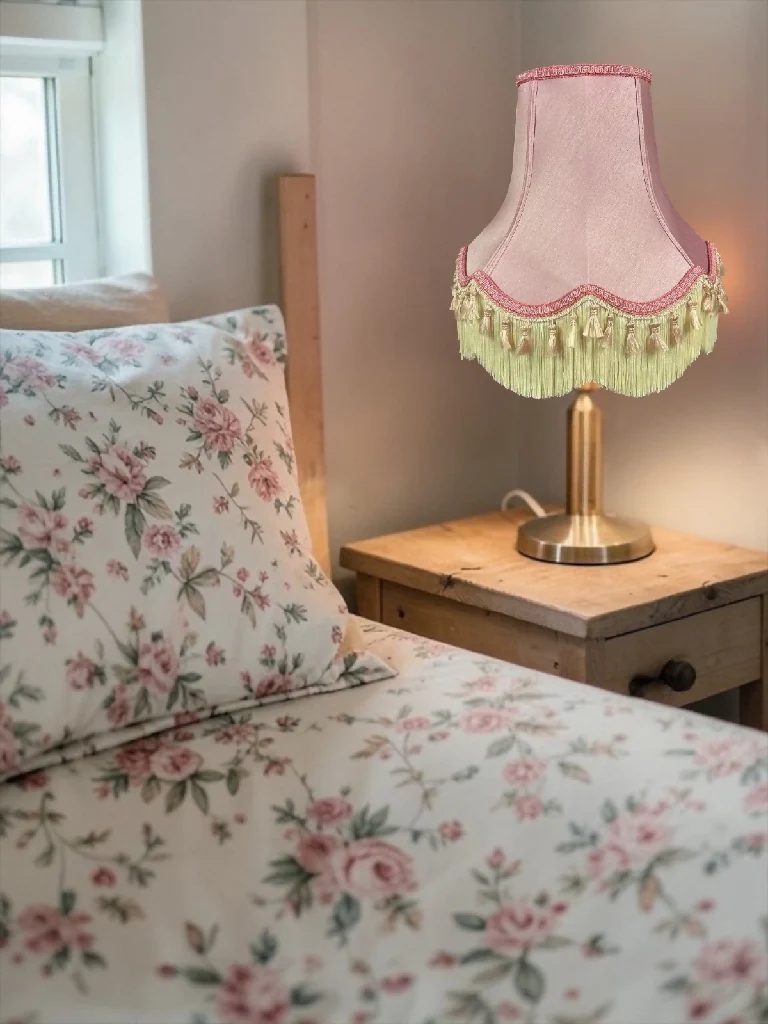 Traditional rose pink fabric lampshades with light pink tassels - Available in 8 sizes - Image 3