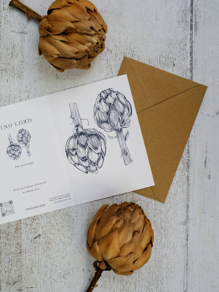 Two Artichokes A6 Lino Print Greeting Card - Image 3