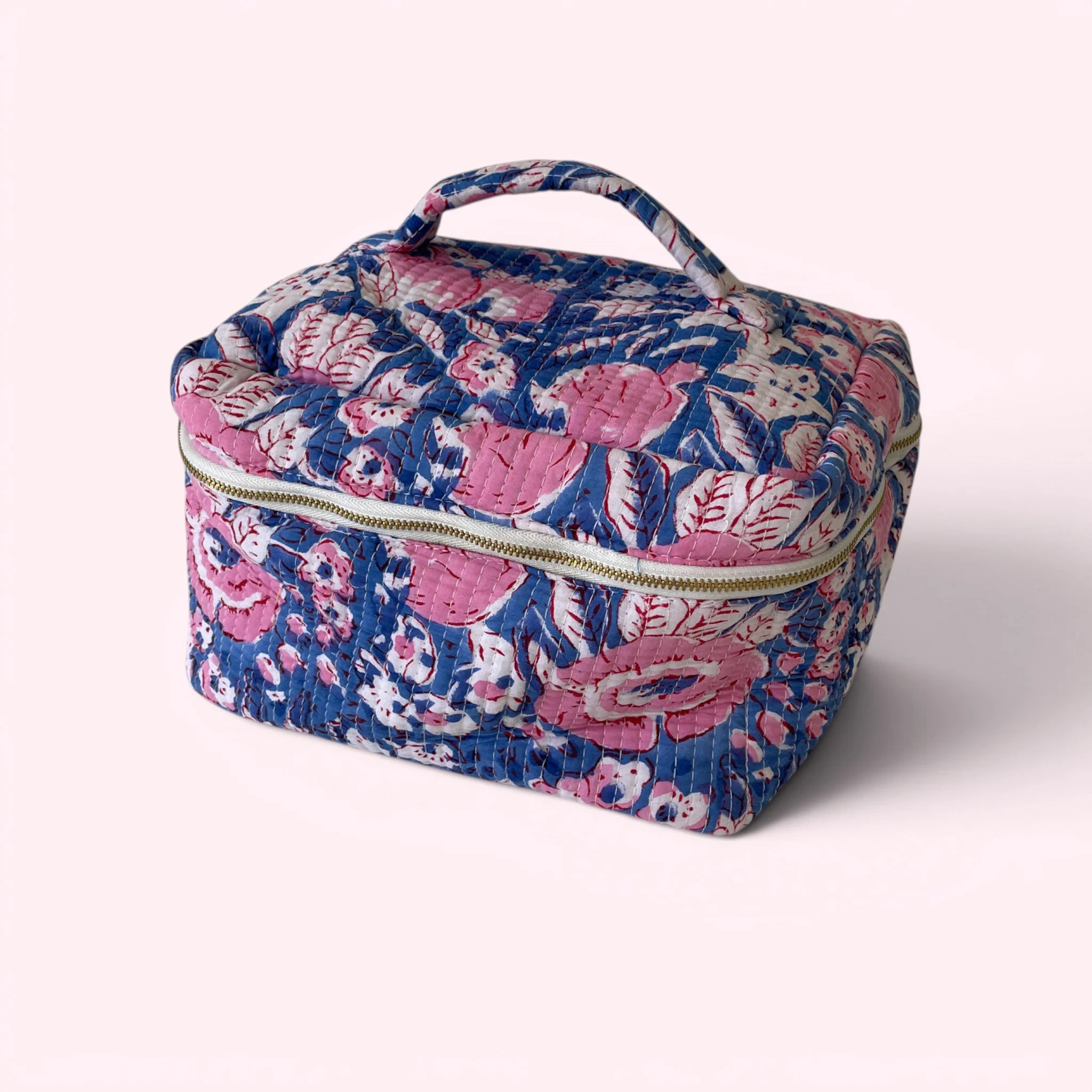 Vanity Bag - Quilted Cotton Toiletry Bag in Blue and Pink Floral Block Print