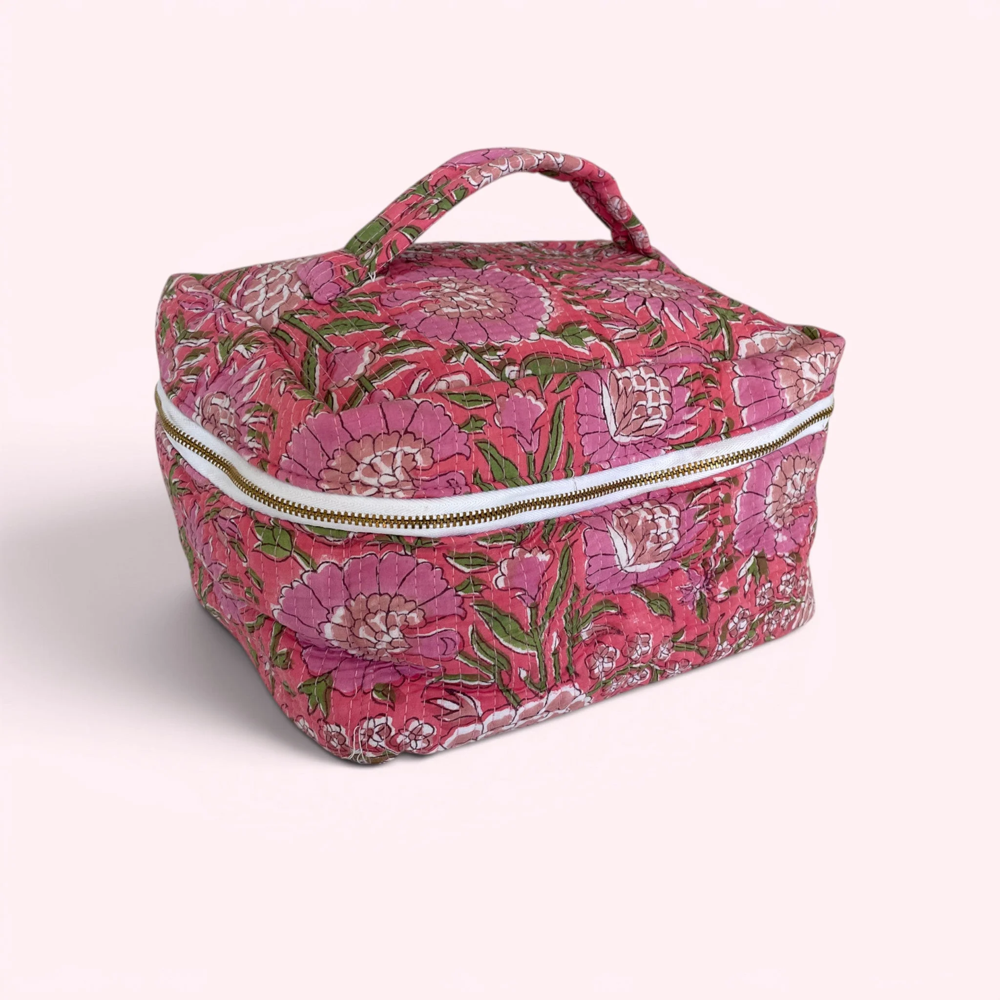 Vanity Bag - Quilted Cotton Toiletry Bag in Pink Garden Floral Block Print