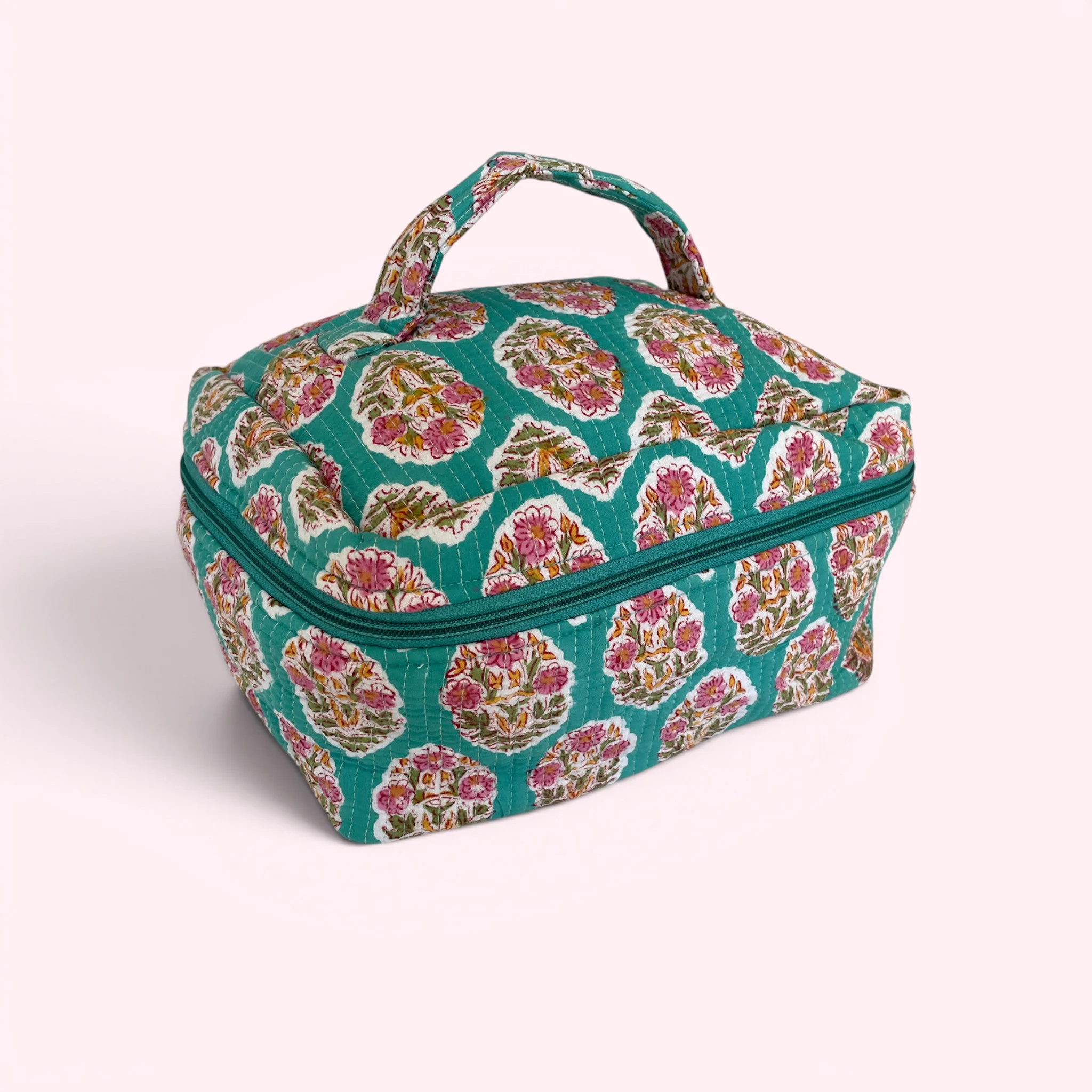 Vanity Bag - Quilted Cotton Toiletry Bag in Turquoise Block Print