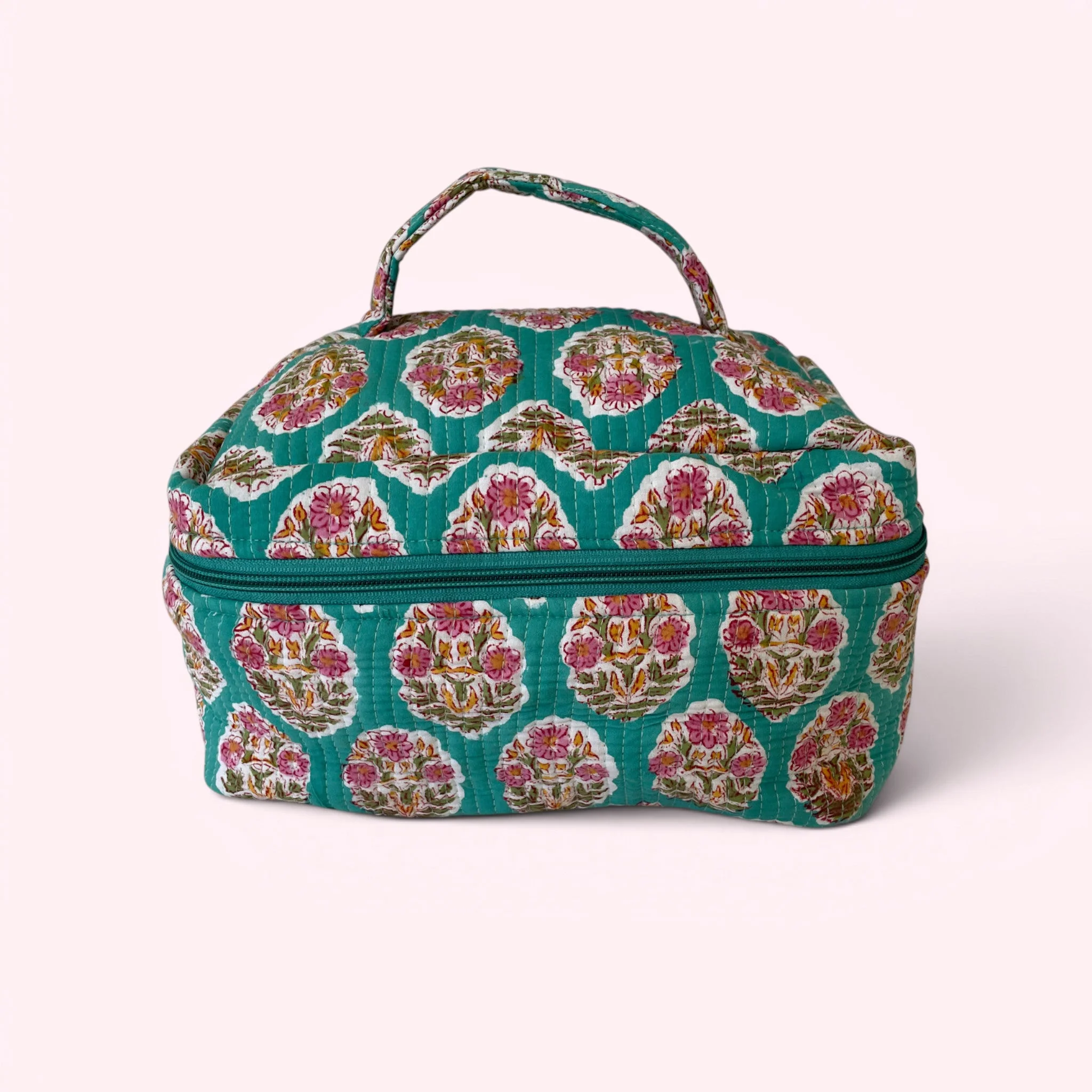 Vanity Bag - Quilted Cotton Toiletry Bag in Turquoise Block Print - Image 2