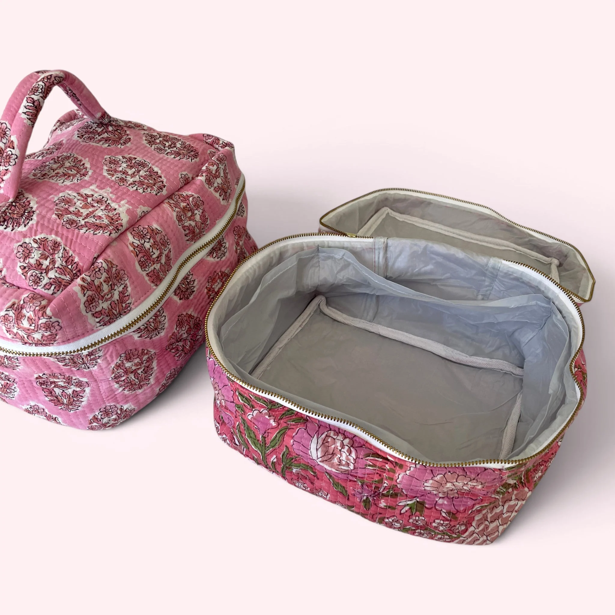 Vanity Bag - Quilted Cotton Toiletry Bag in Turquoise Block Print - Image 3