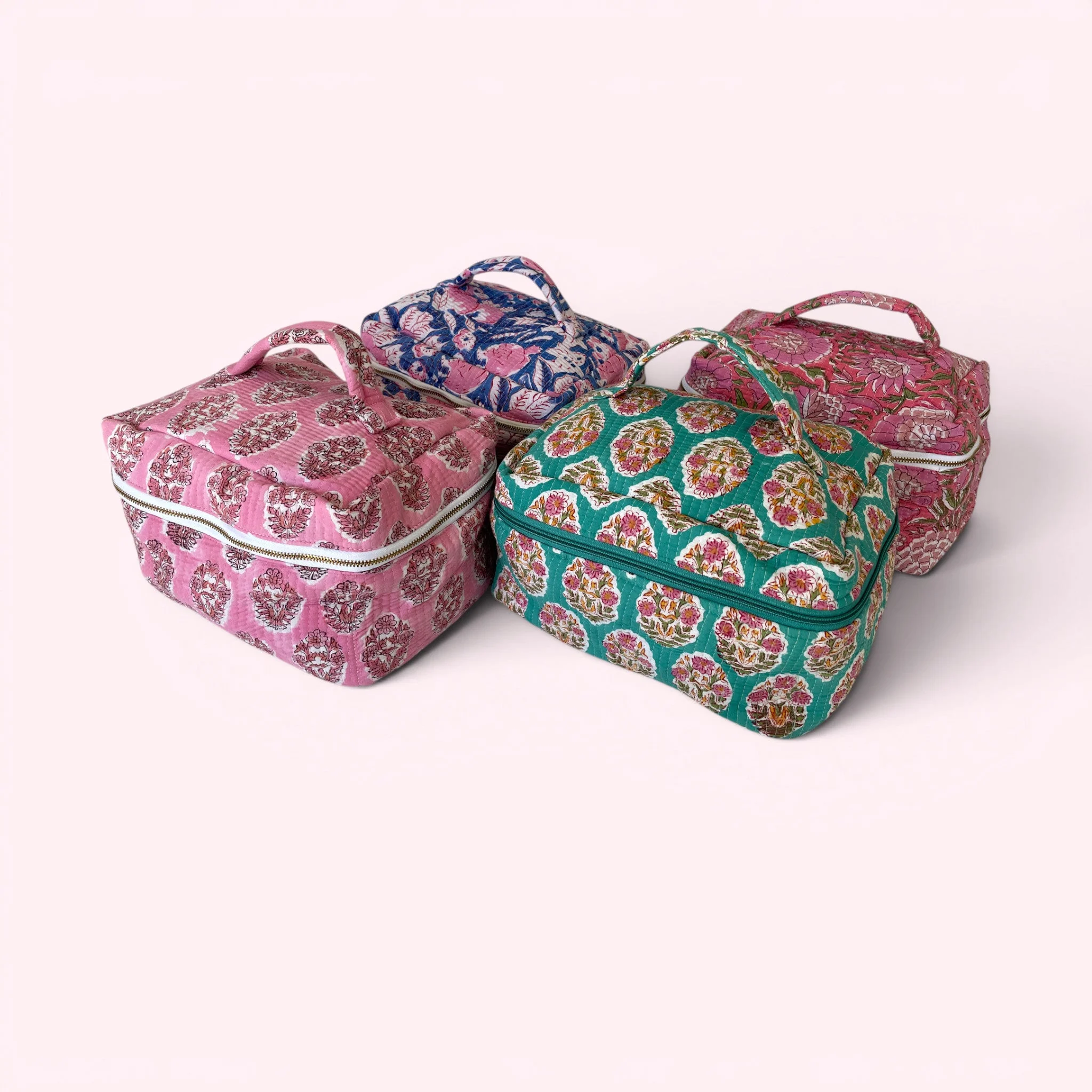 Vanity Bag - Quilted Cotton Toiletry Bag in Turquoise Block Print - Image 4