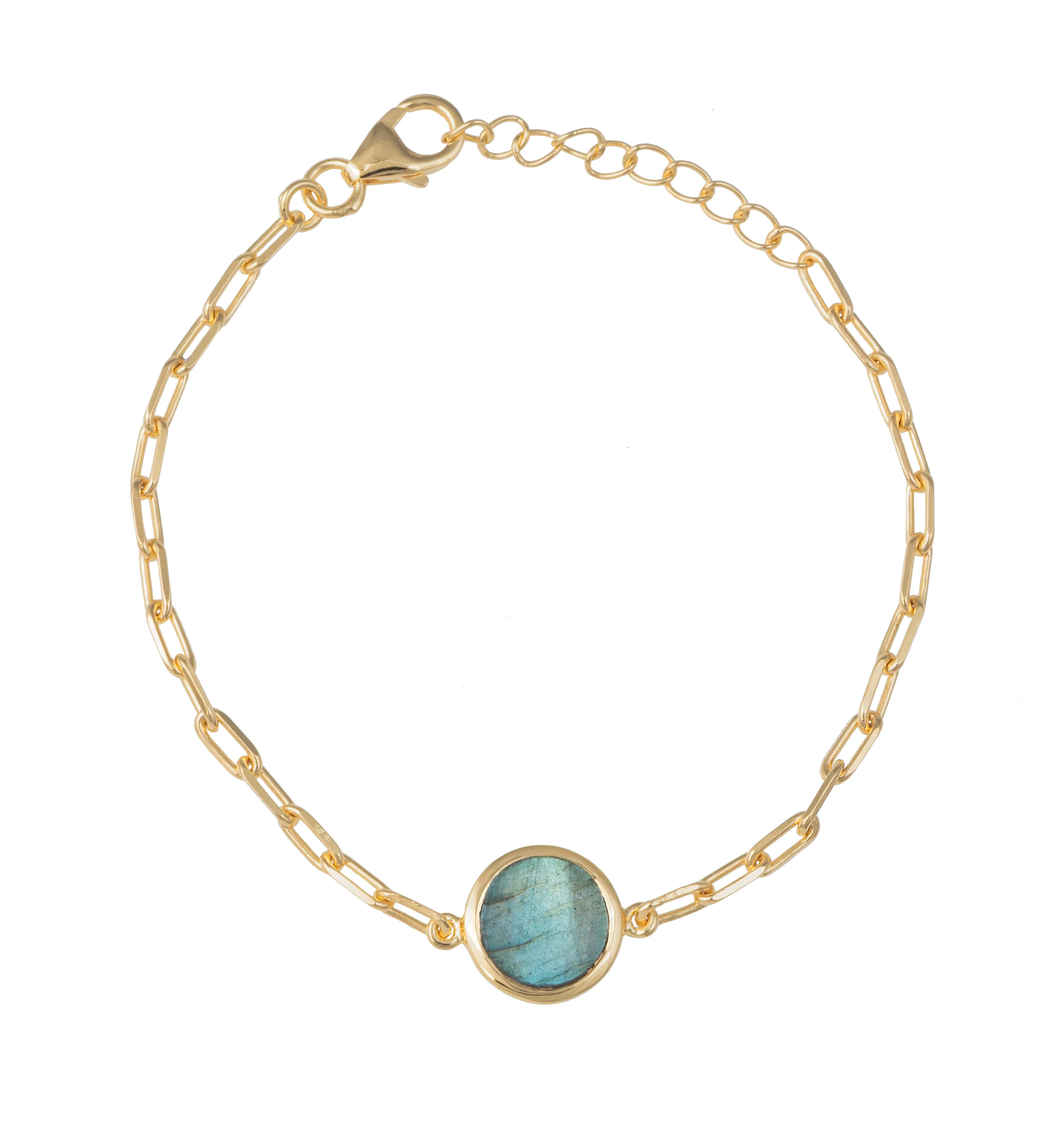 Vermeil Gold Paperclip Link Chain Adjustable Bracelet with Round Labradorite Gemstone - Image 2