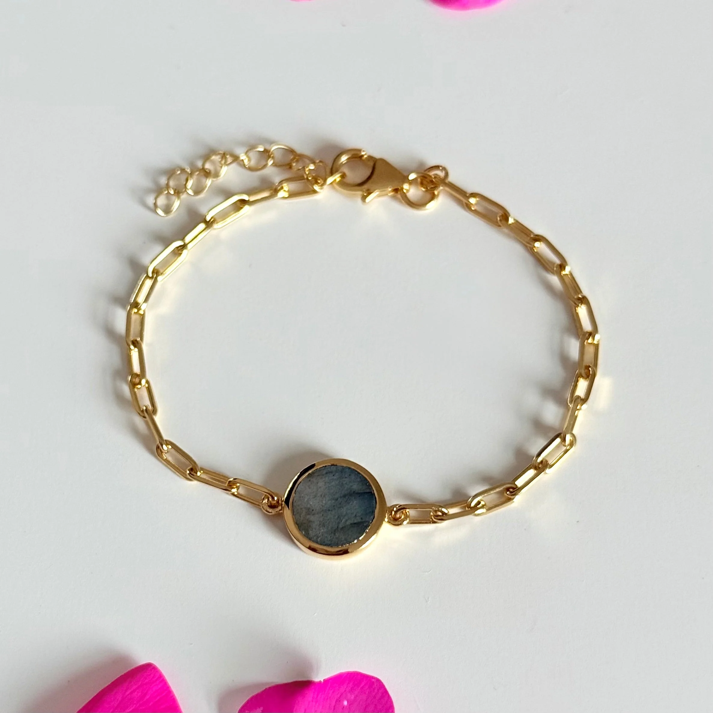 Vermeil Gold Paperclip Link Chain Adjustable Bracelet with Round Labradorite Gemstone - Image 3