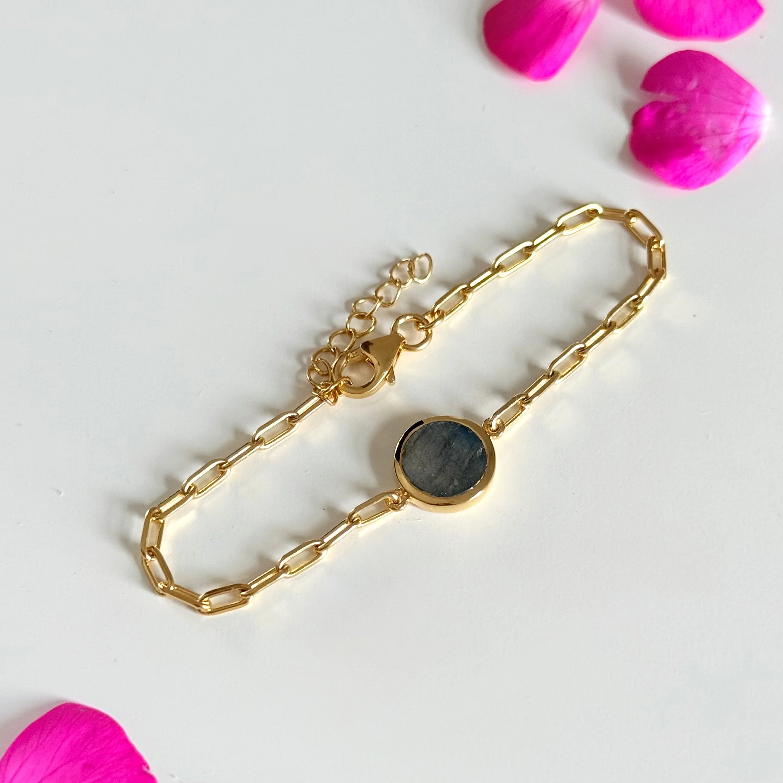Vermeil Gold Paperclip Link Chain Adjustable Bracelet with Round Labradorite Gemstone - Image 4
