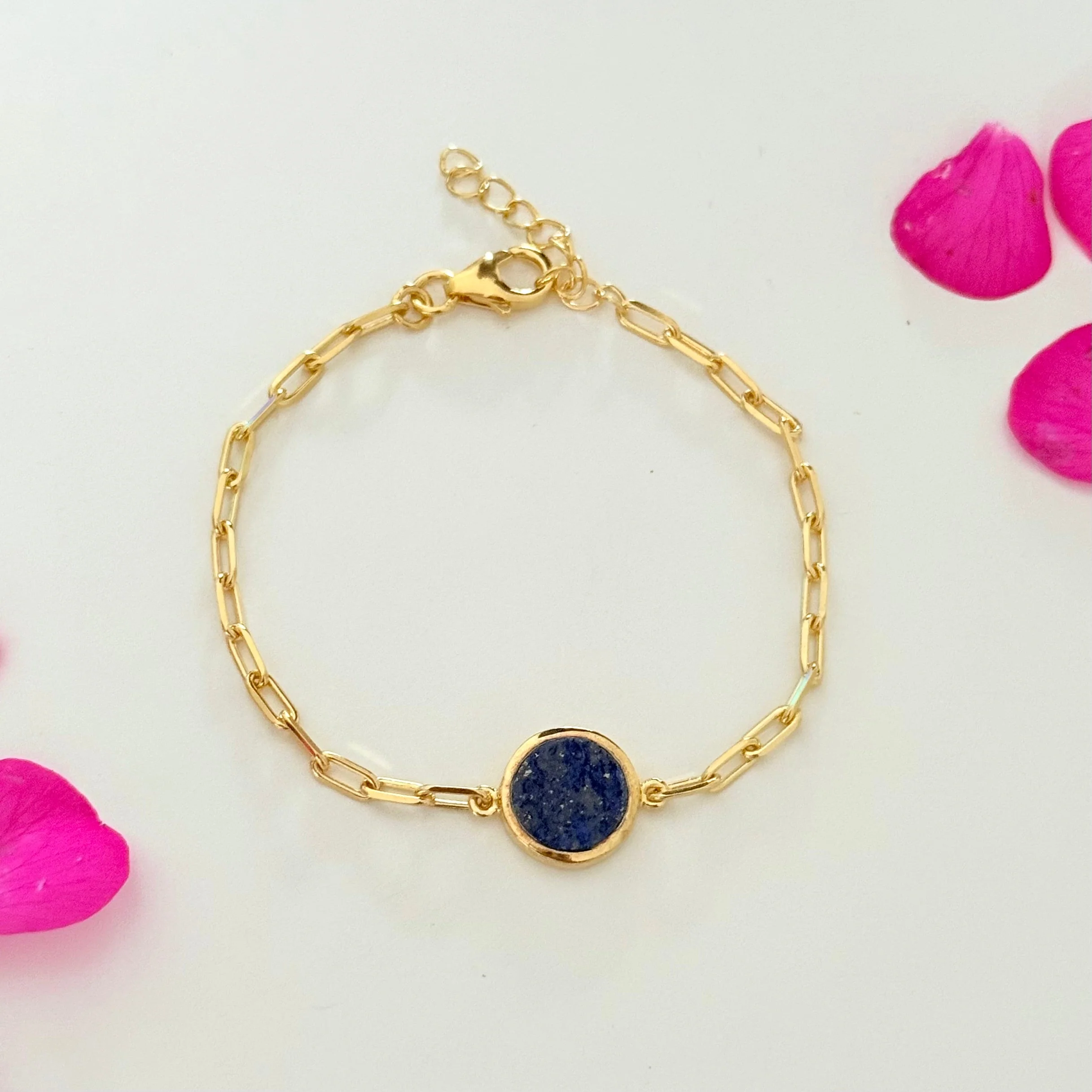 Vermeil Gold Paperclip Link Chain Adjustable Bracelet with Round Lapis Lazuli Gemstone - Image 3
