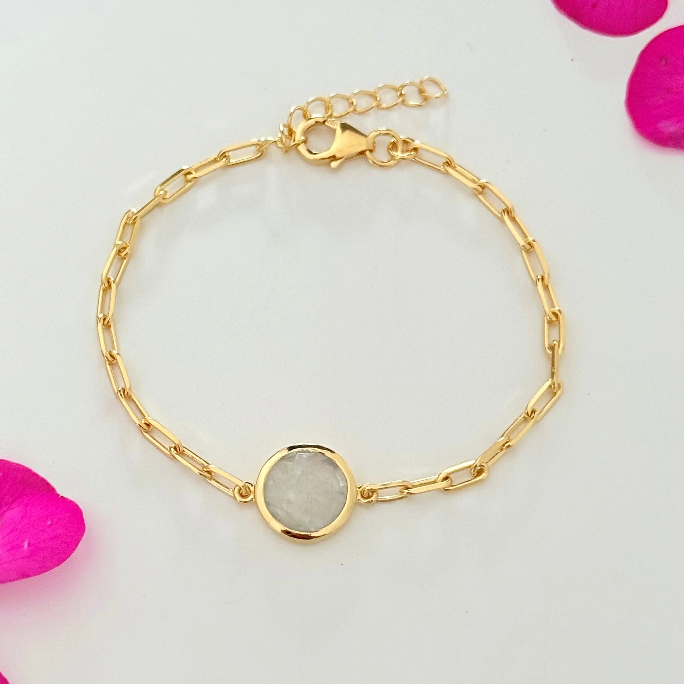 Vermeil Gold Paperclip Link Chain Adjustable Bracelet with Round Moonstone Gemstone - Image 3