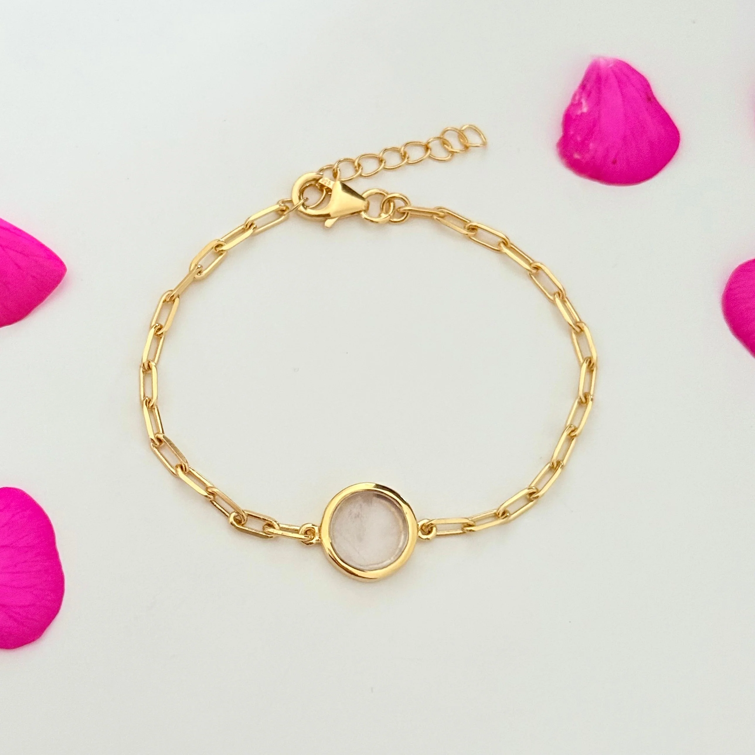 Vermeil Gold Paperclip Link Chain Adjustable Bracelet with Round Rose Quartz Gemstone - Image 3