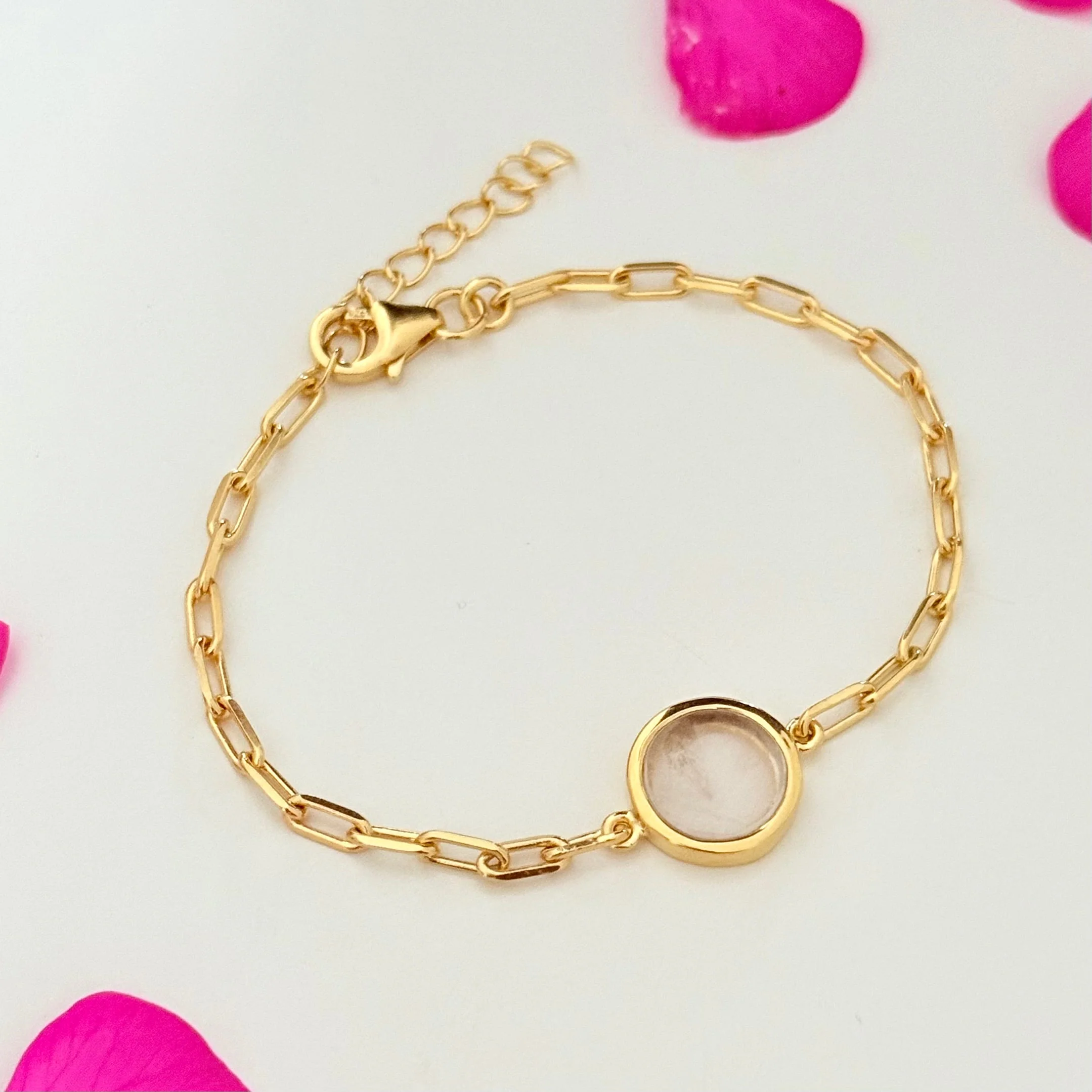 Vermeil Gold Paperclip Link Chain Adjustable Bracelet with Round Rose Quartz Gemstone - Image 4