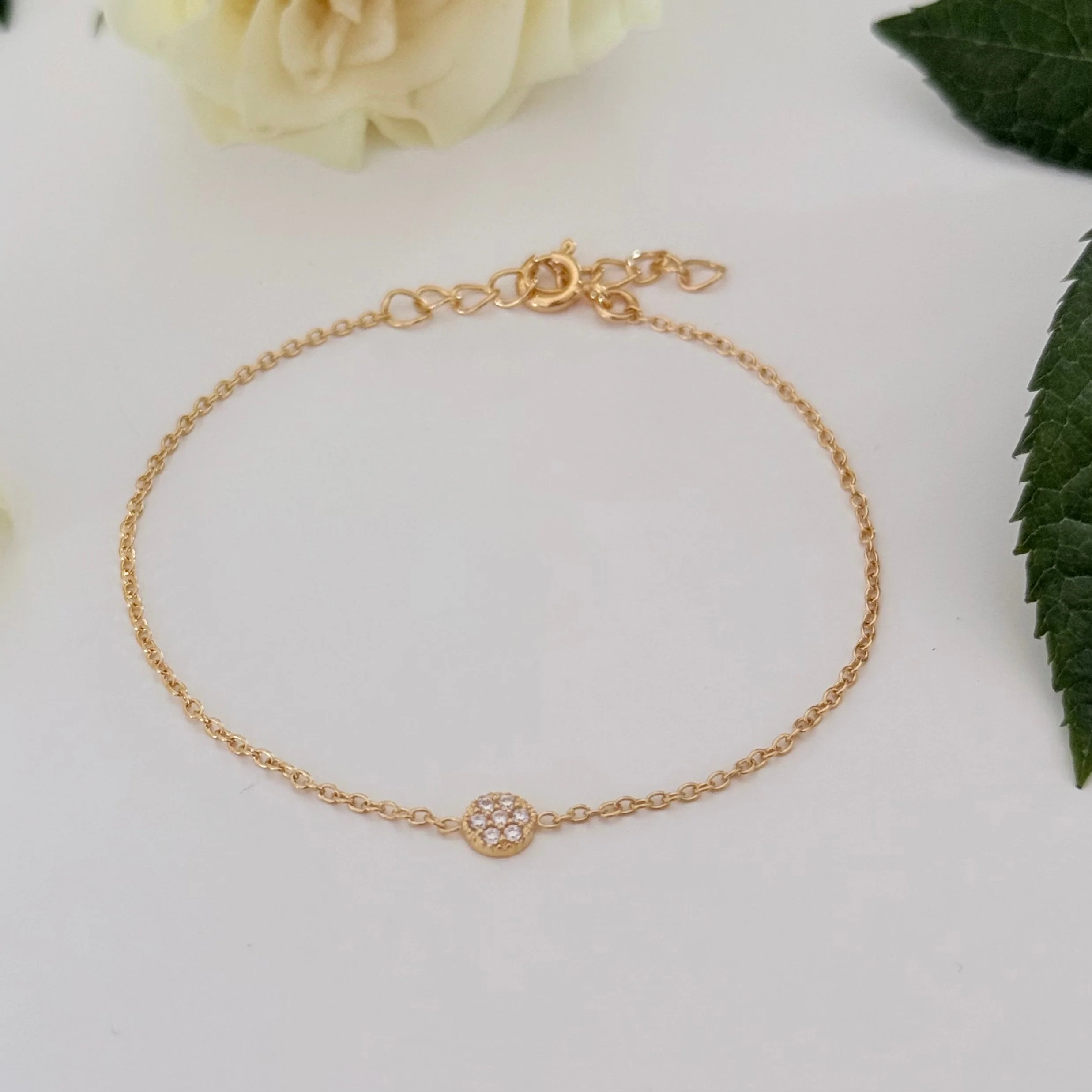 Vermeil Gold Small Cubic Zirconia Disc Bracelet on a Delicate Adjustable Chain - Image 3
