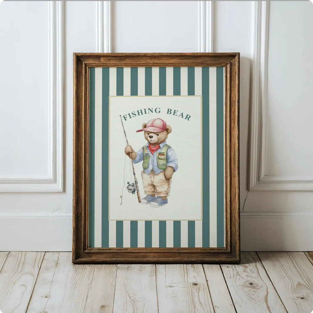 Vintage Striped Bear Artwork Fishermen Bear Print - Image 3