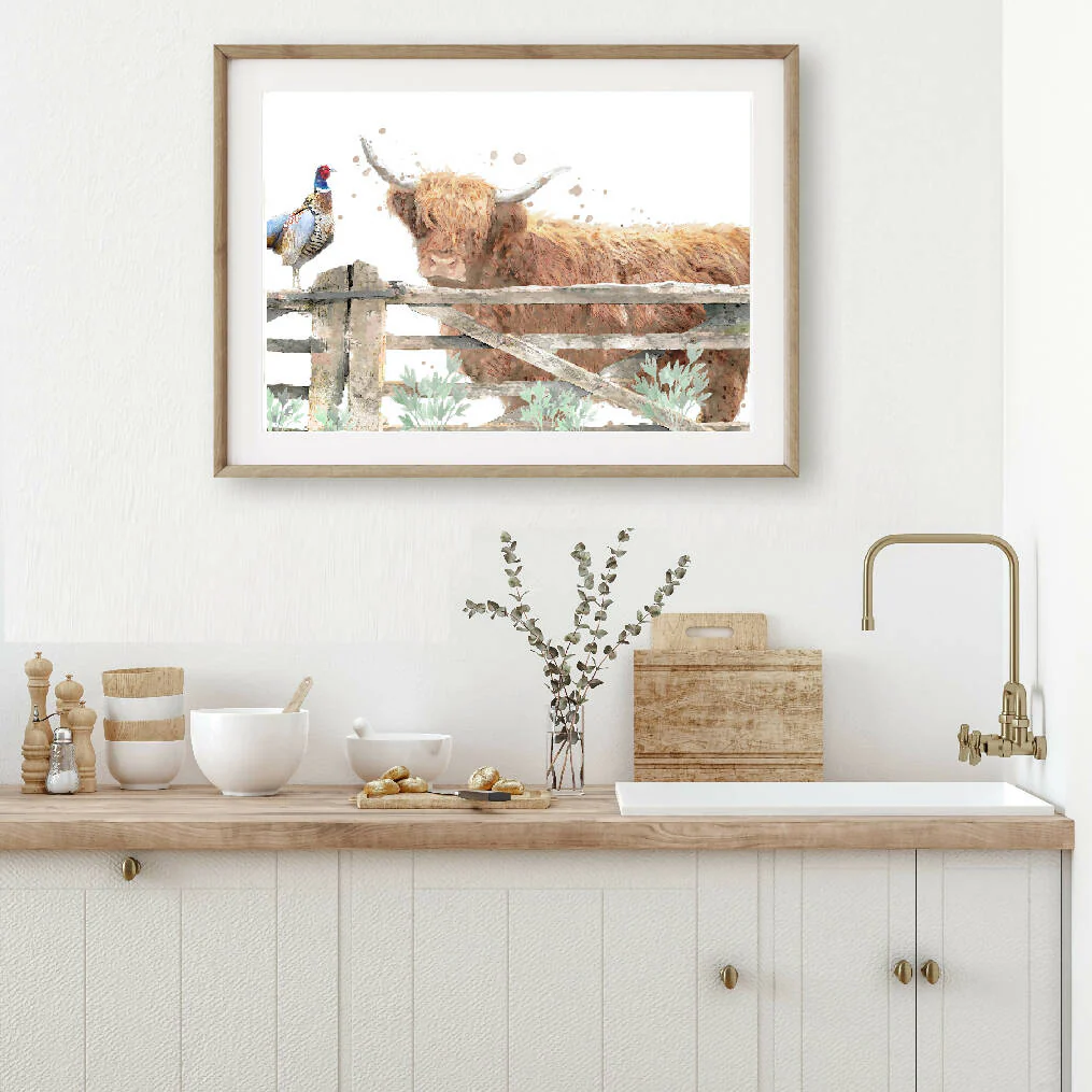 Watercolour Highland Cow & Pheasant Print - Image 4