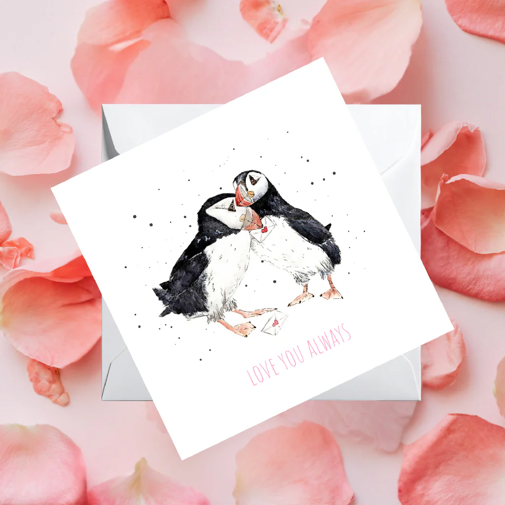 Watercolour Puffin Love Card – Wildlife Greeting Card - Image 3