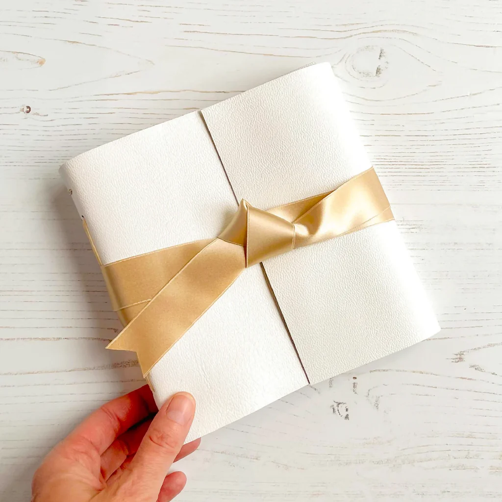 Wedding Guest Book: White Leather with Silk Ribbon, A6 square