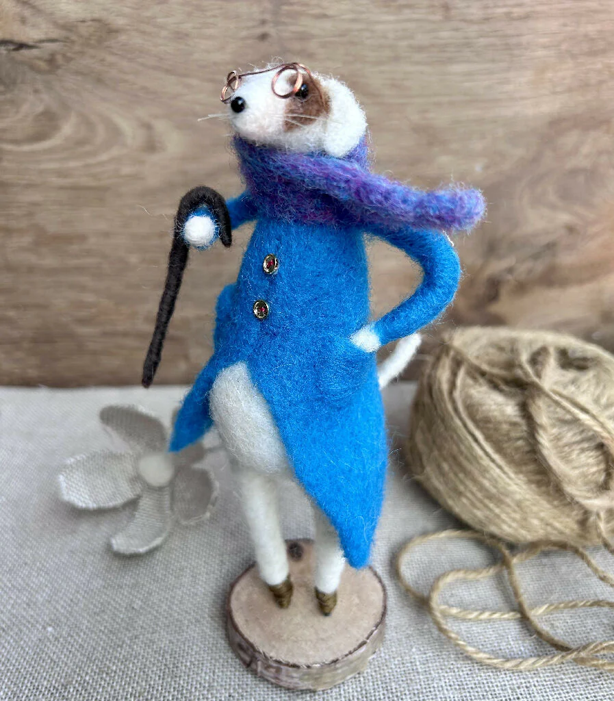 Whimsical Needle-Felted Jack Russell in Blue Coat with Cane & Scarf