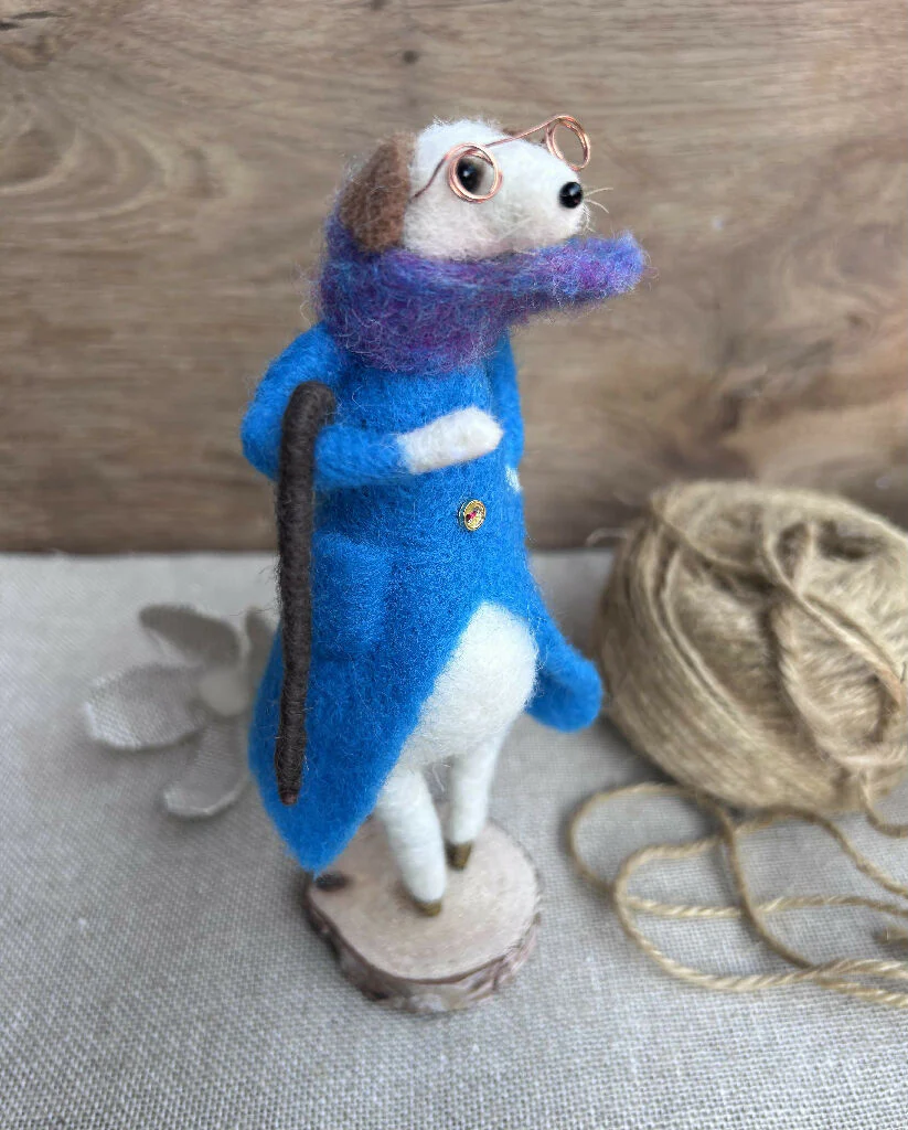 Whimsical Needle-Felted Jack Russell in Blue Coat with Cane & Scarf - Image 2