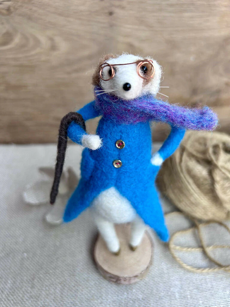 Whimsical Needle-Felted Jack Russell in Blue Coat with Cane & Scarf - Image 3