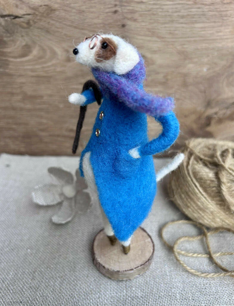 Whimsical Needle-Felted Jack Russell in Blue Coat with Cane & Scarf - Image 4