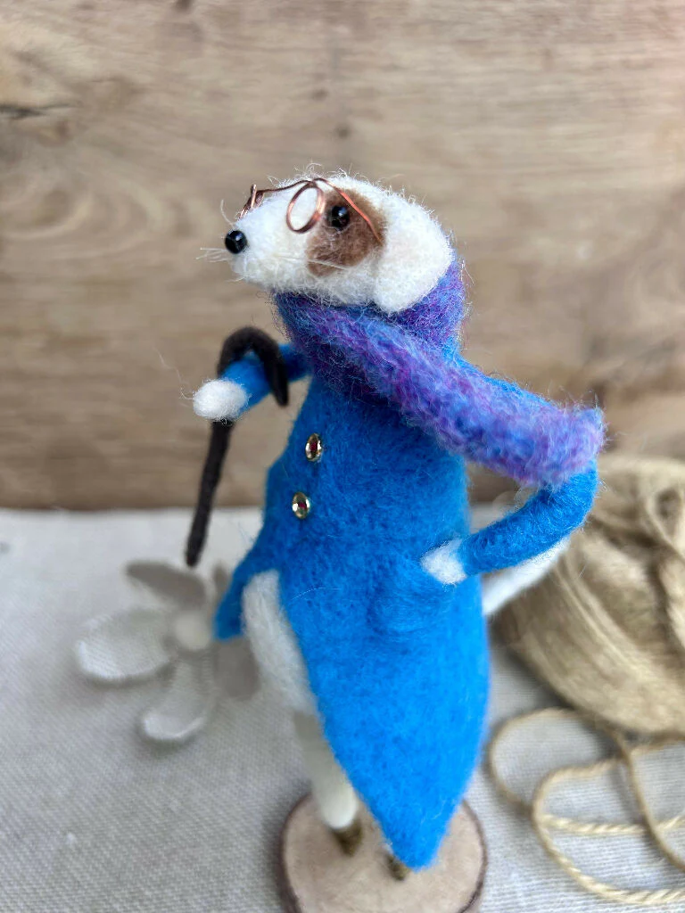 Whimsical Needle-Felted Jack Russell in Blue Coat with Cane & Scarf - Image 5