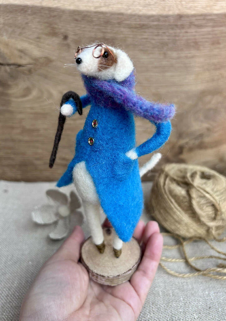 Whimsical Needle-Felted Jack Russell in Blue Coat with Cane & Scarf - Image 6