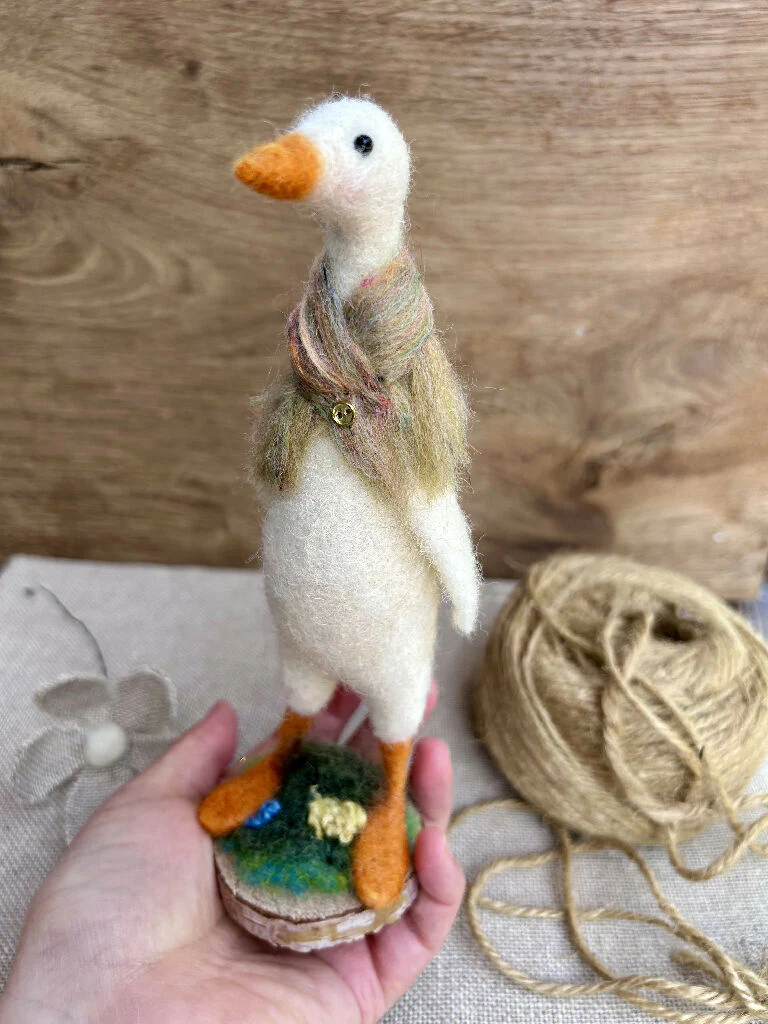 Whimsical Needle-Felted Standing Duck in Rainbow Scarf on Wooden Base - Image 2