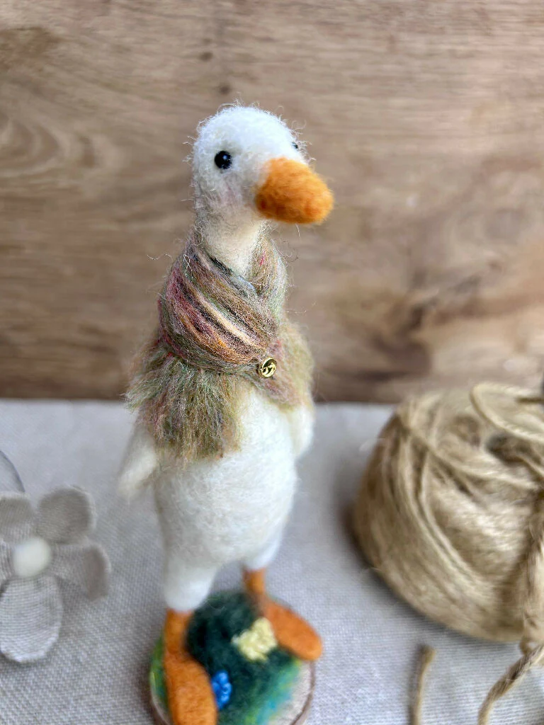 Whimsical Needle-Felted Standing Duck in Rainbow Scarf on Wooden Base - Image 3