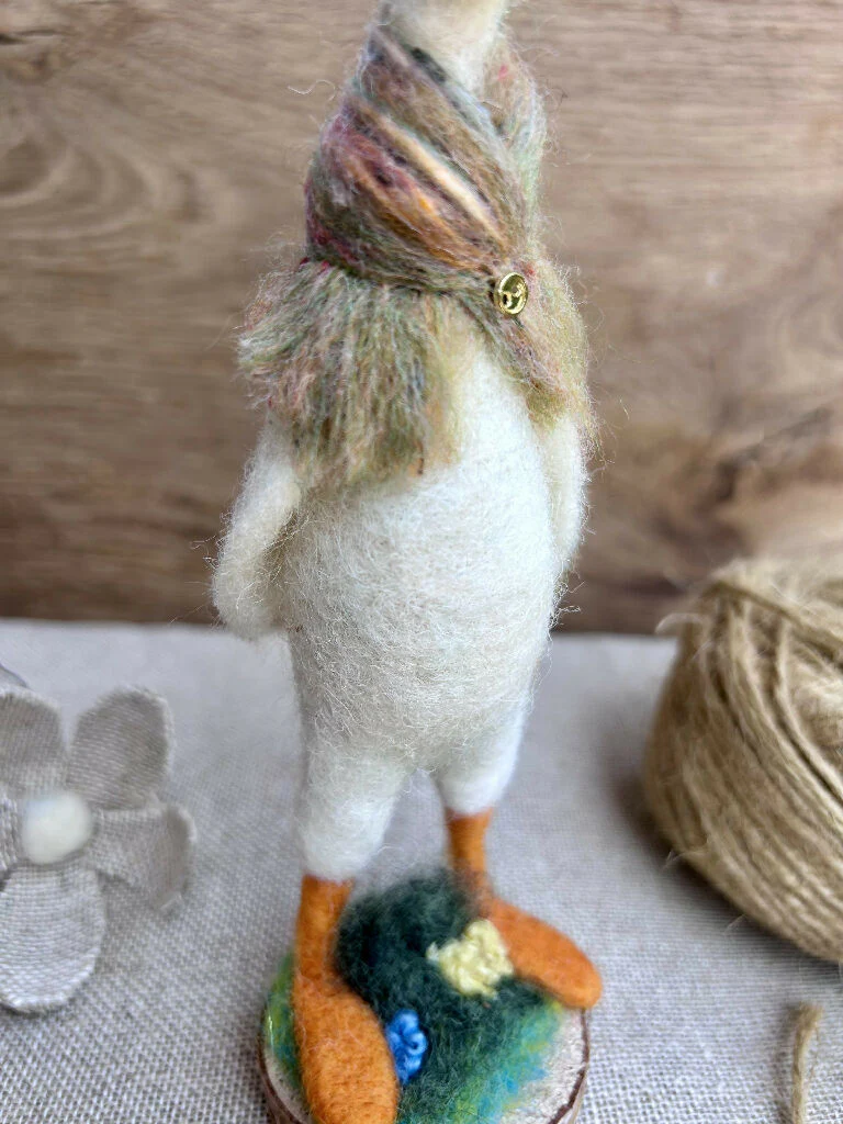Whimsical Needle-Felted Standing Duck in Rainbow Scarf on Wooden Base - Image 4