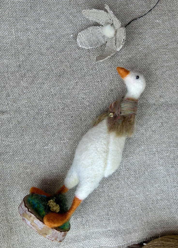 Whimsical Needle-Felted Standing Duck in Rainbow Scarf on Wooden Base - Image 6