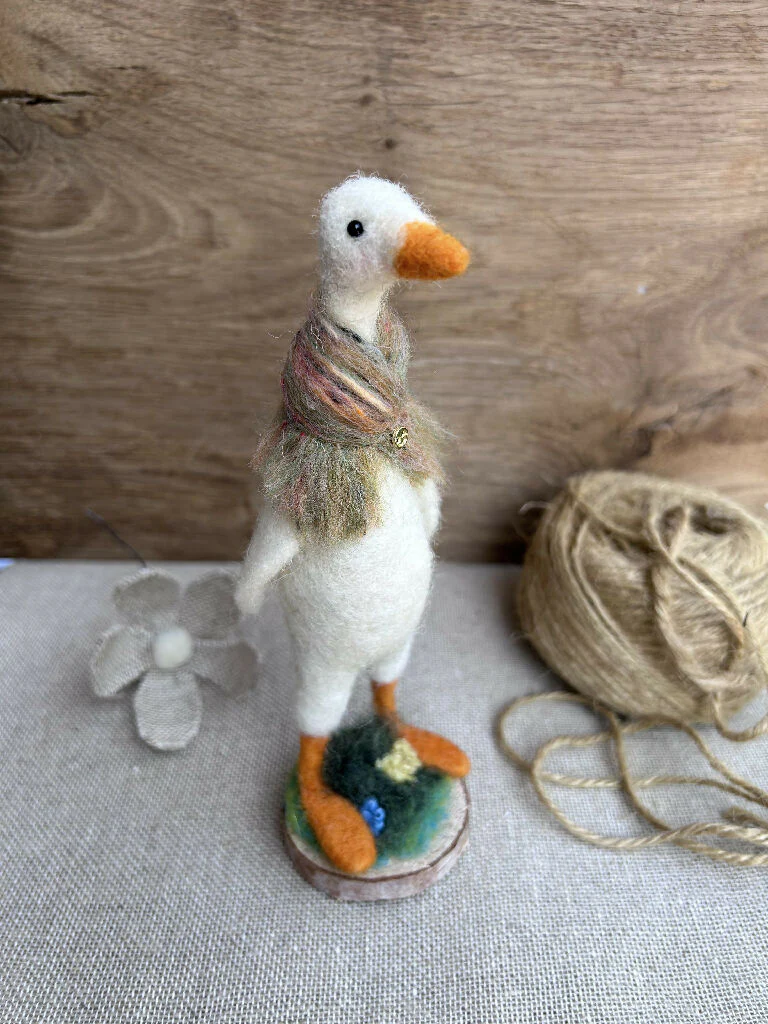 Whimsical Needle-Felted Standing Duck in Rainbow Scarf on Wooden Base - Image 7