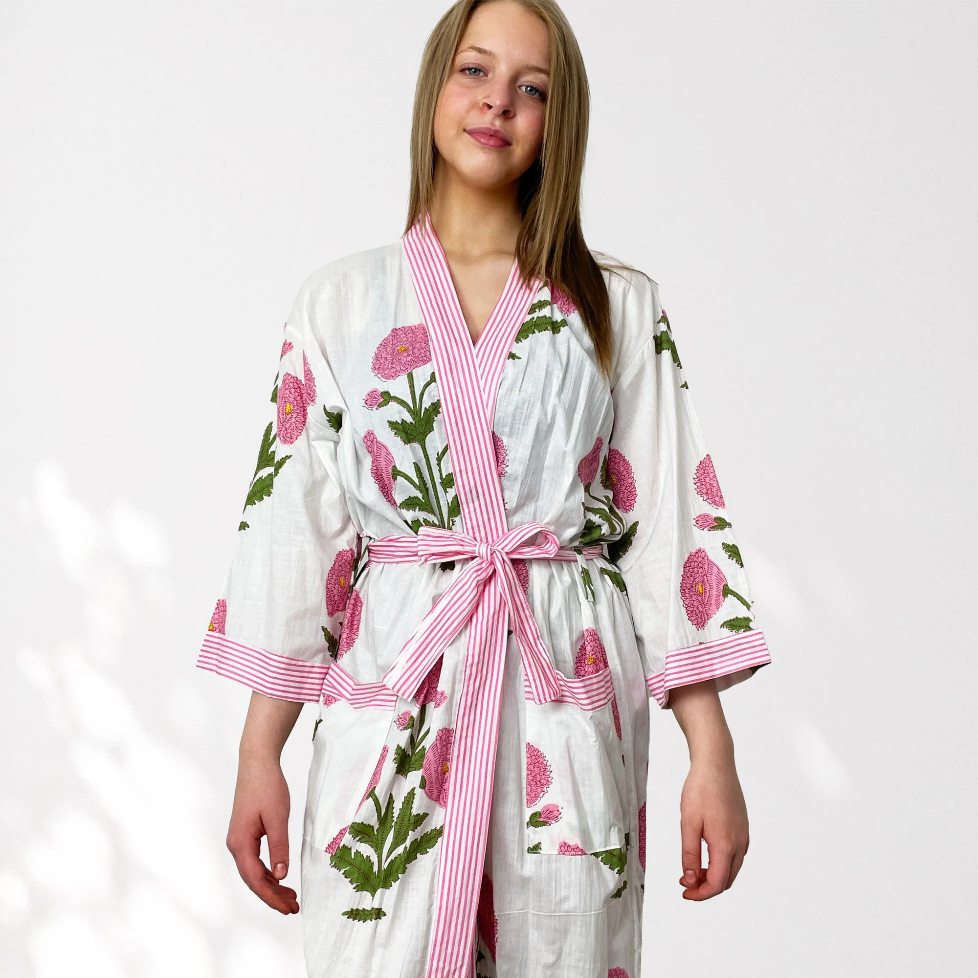 White and Pink Flower Print 100% Cotton Dressing Gown