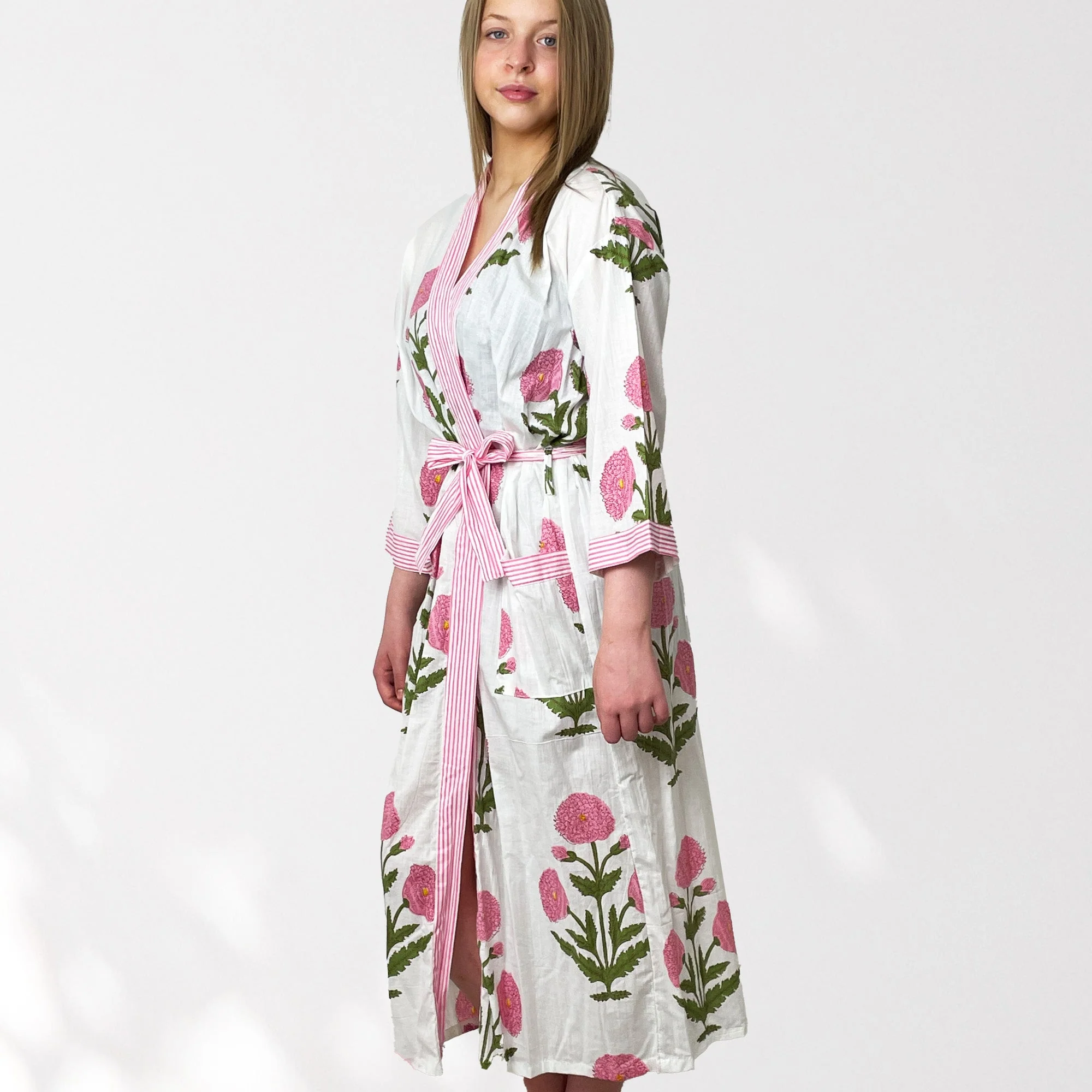White and Pink Flower Print 100% Cotton Dressing Gown - Image 3
