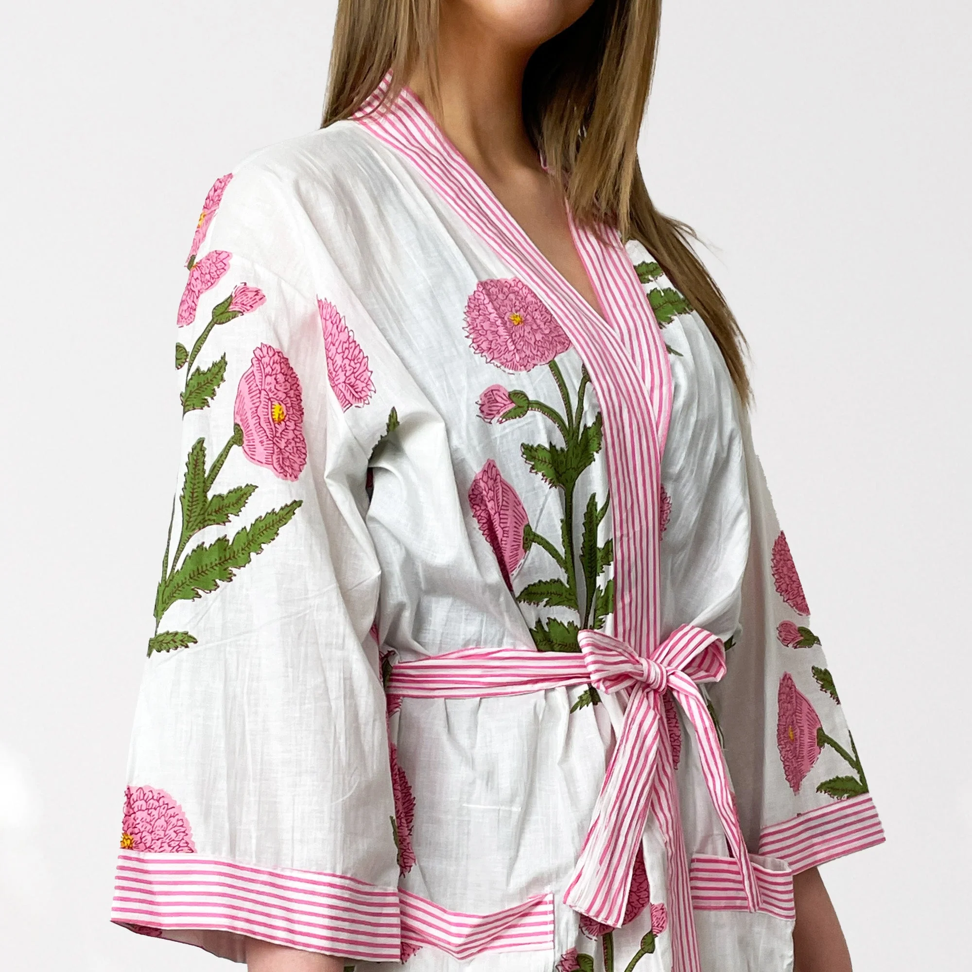White and Pink Flower Print 100% Cotton Dressing Gown - Image 4