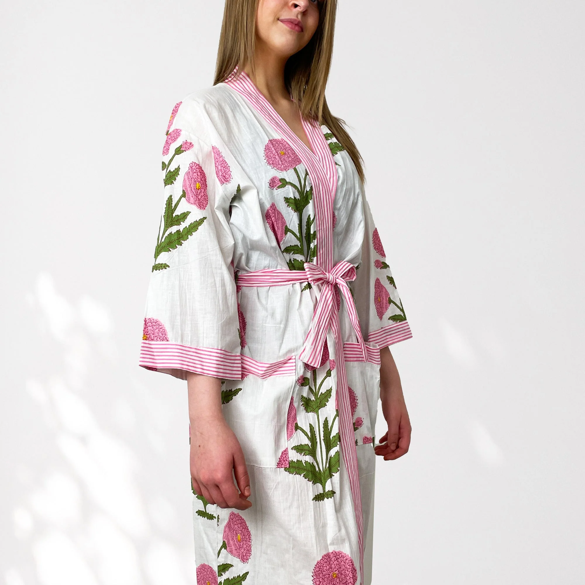 White and Pink Flower Print 100% Cotton Dressing Gown - Image 5