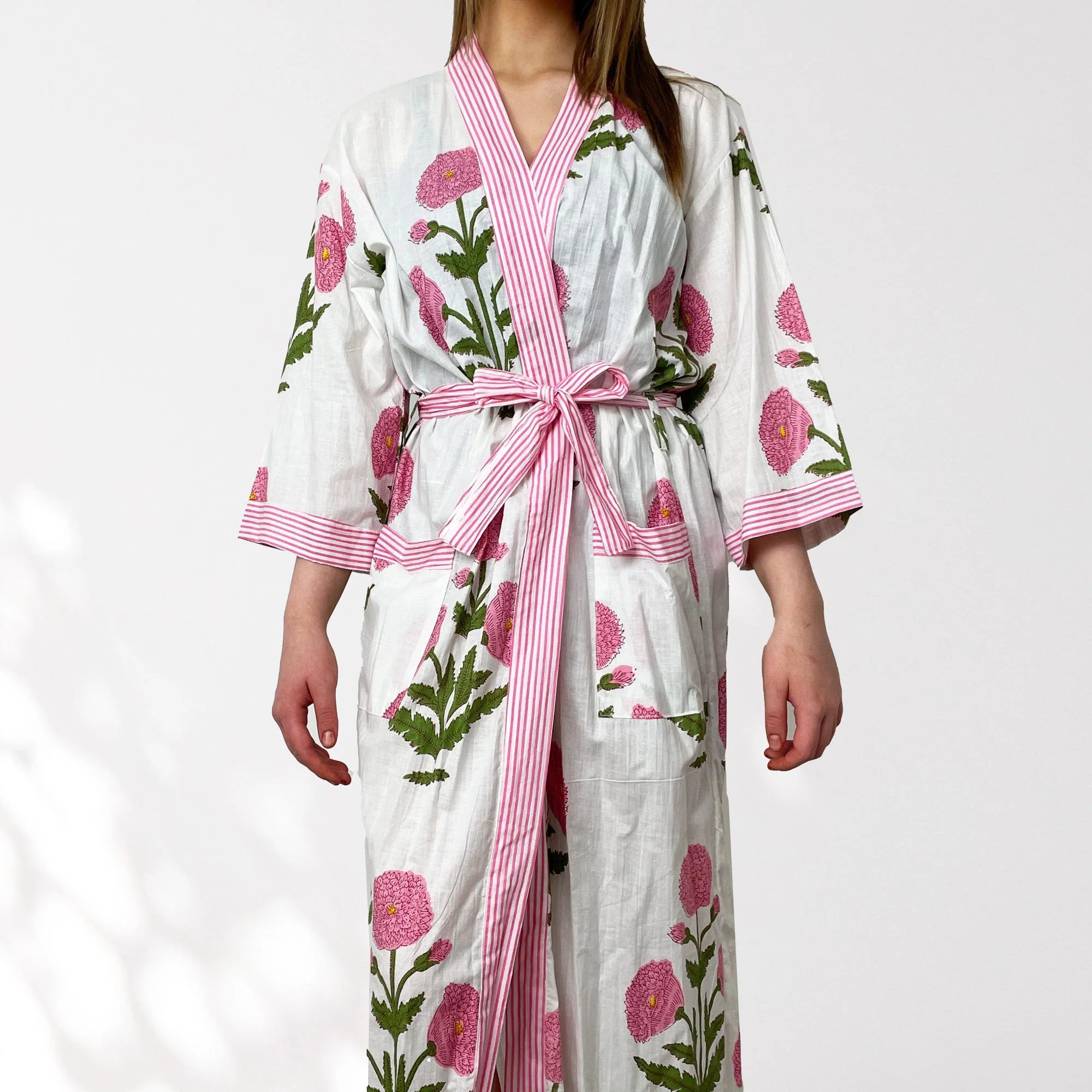 White and Pink Flower Print 100% Cotton Dressing Gown - Image 6