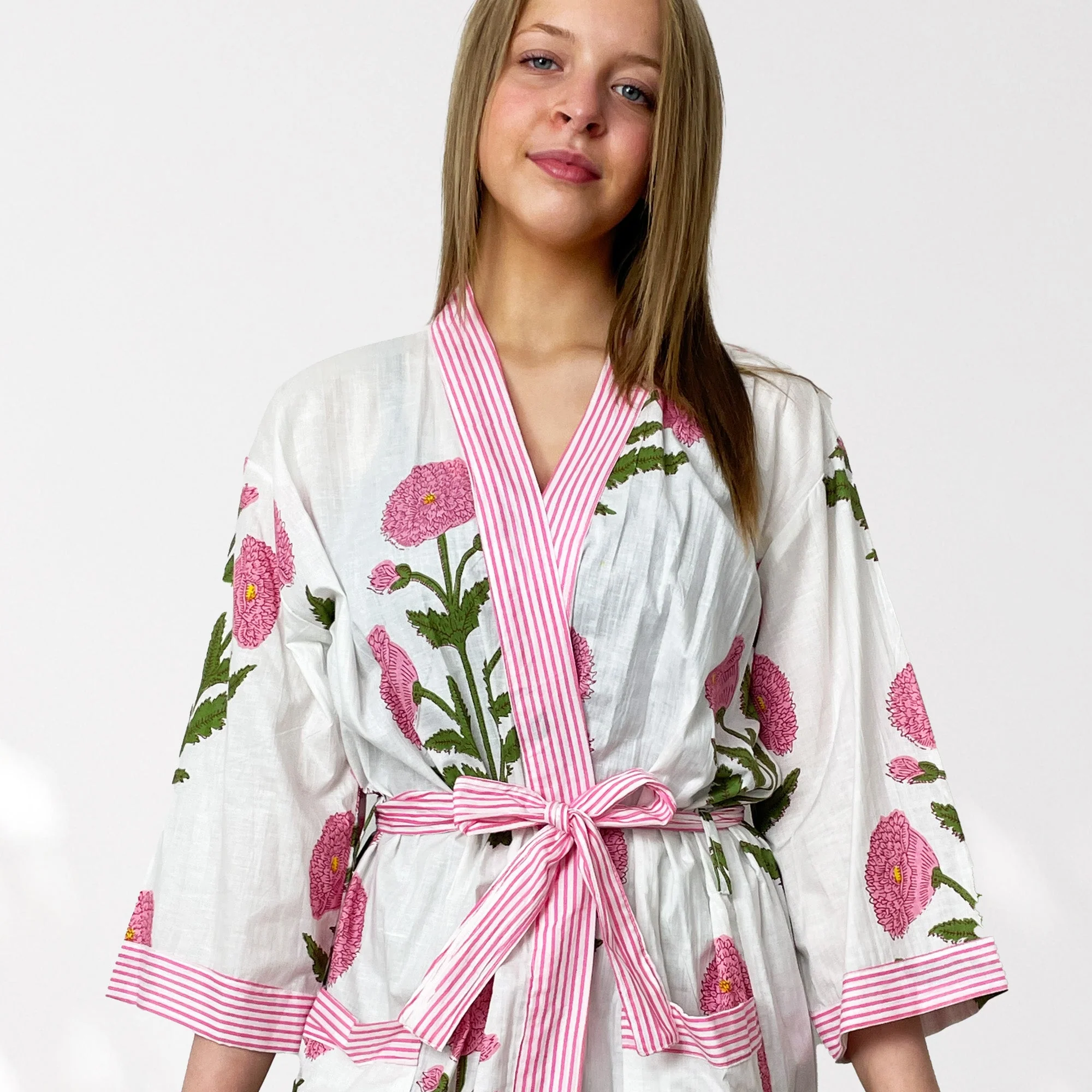 White and Pink Flower Print 100% Cotton Dressing Gown - Image 7