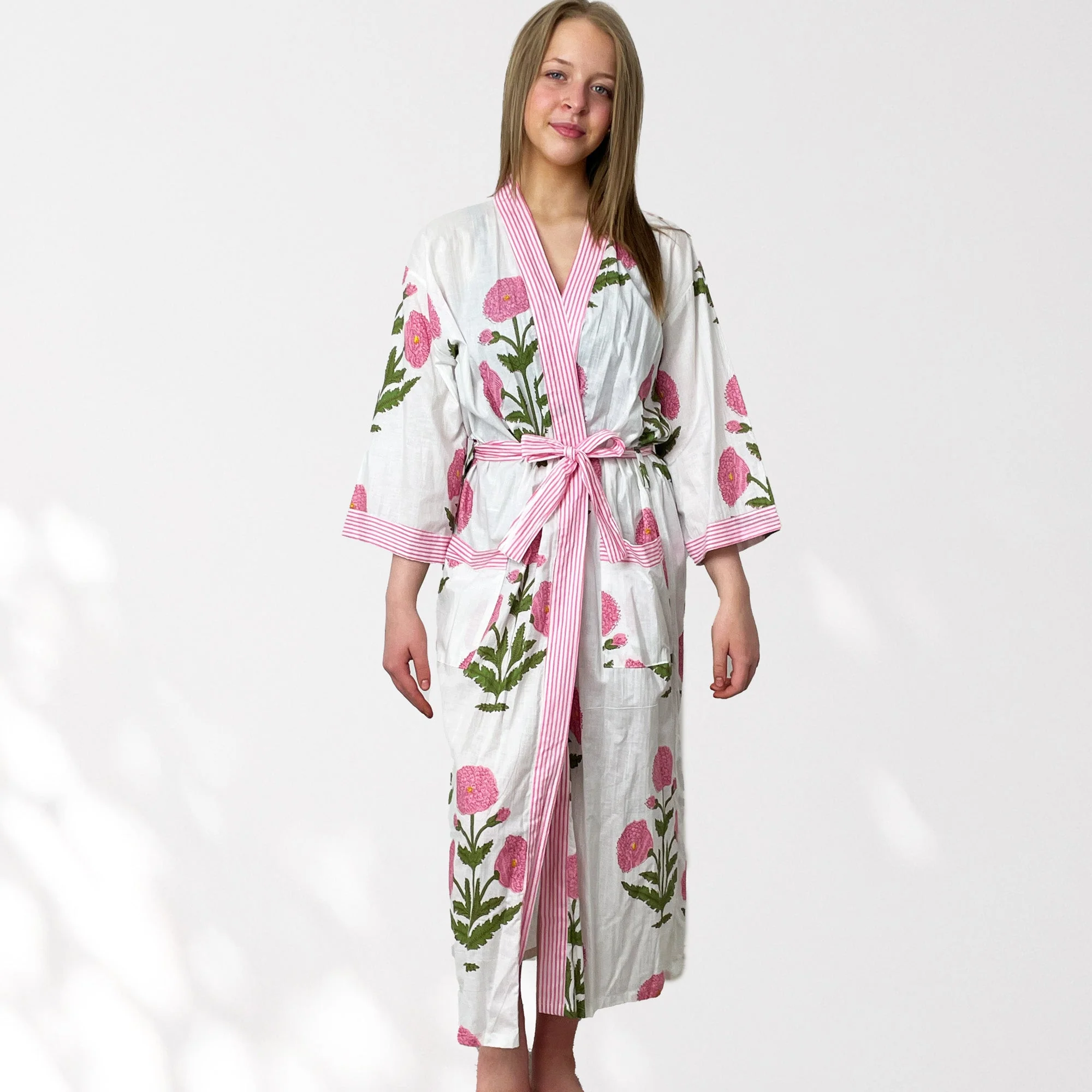 White and Pink Flower Print 100% Cotton Dressing Gown - Image 8